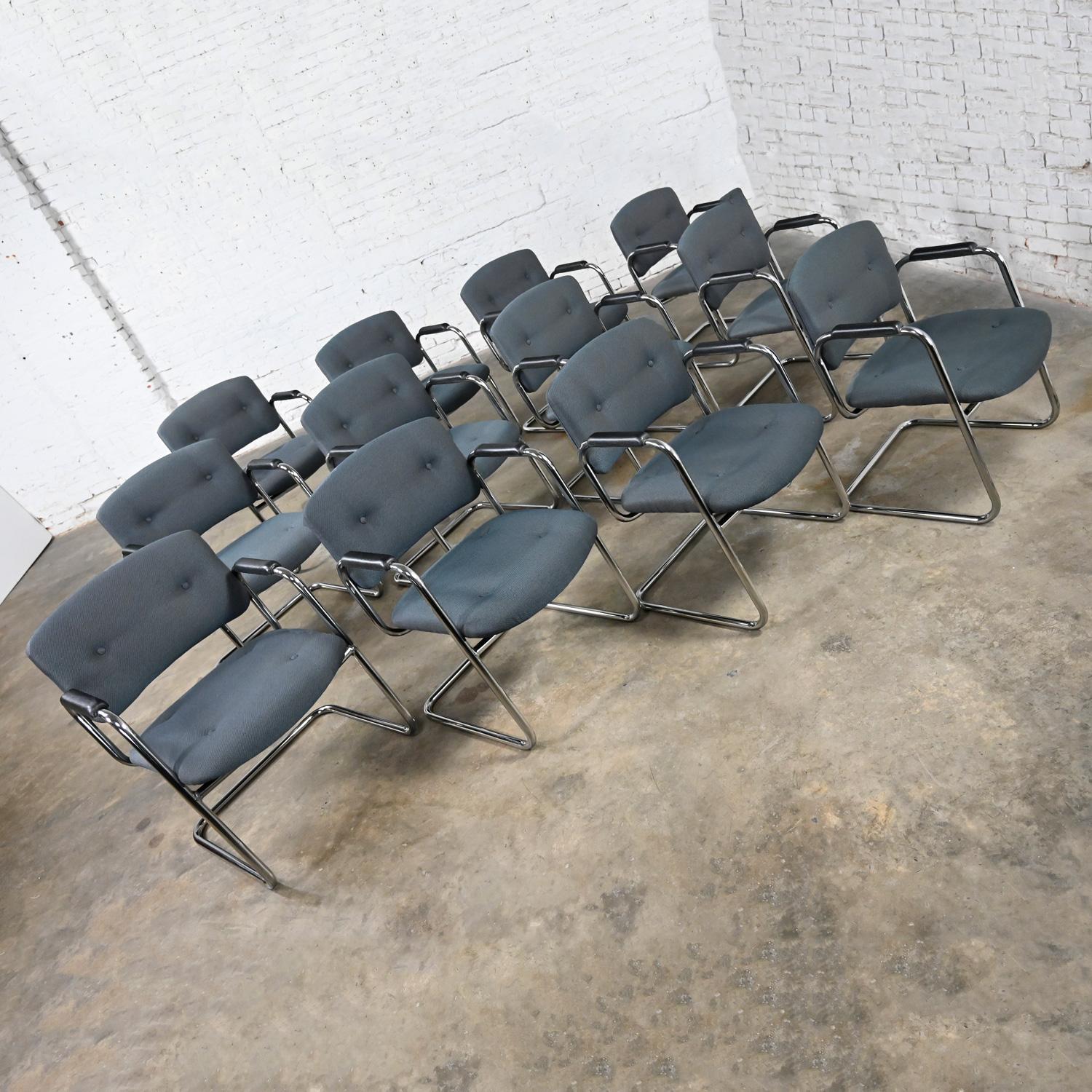 Fabric Late 20th Century Gray & Chrome Cantilever Chairs Style Steelcase Set of 12 For Sale