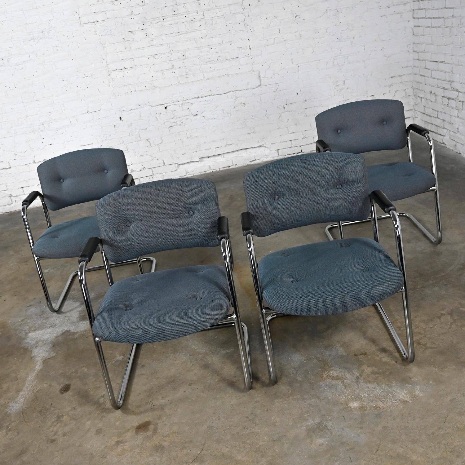 Bauhaus Late 20th Century Gray & Chrome Cantilever Chairs Style Steelcase Set of 4 For Sale