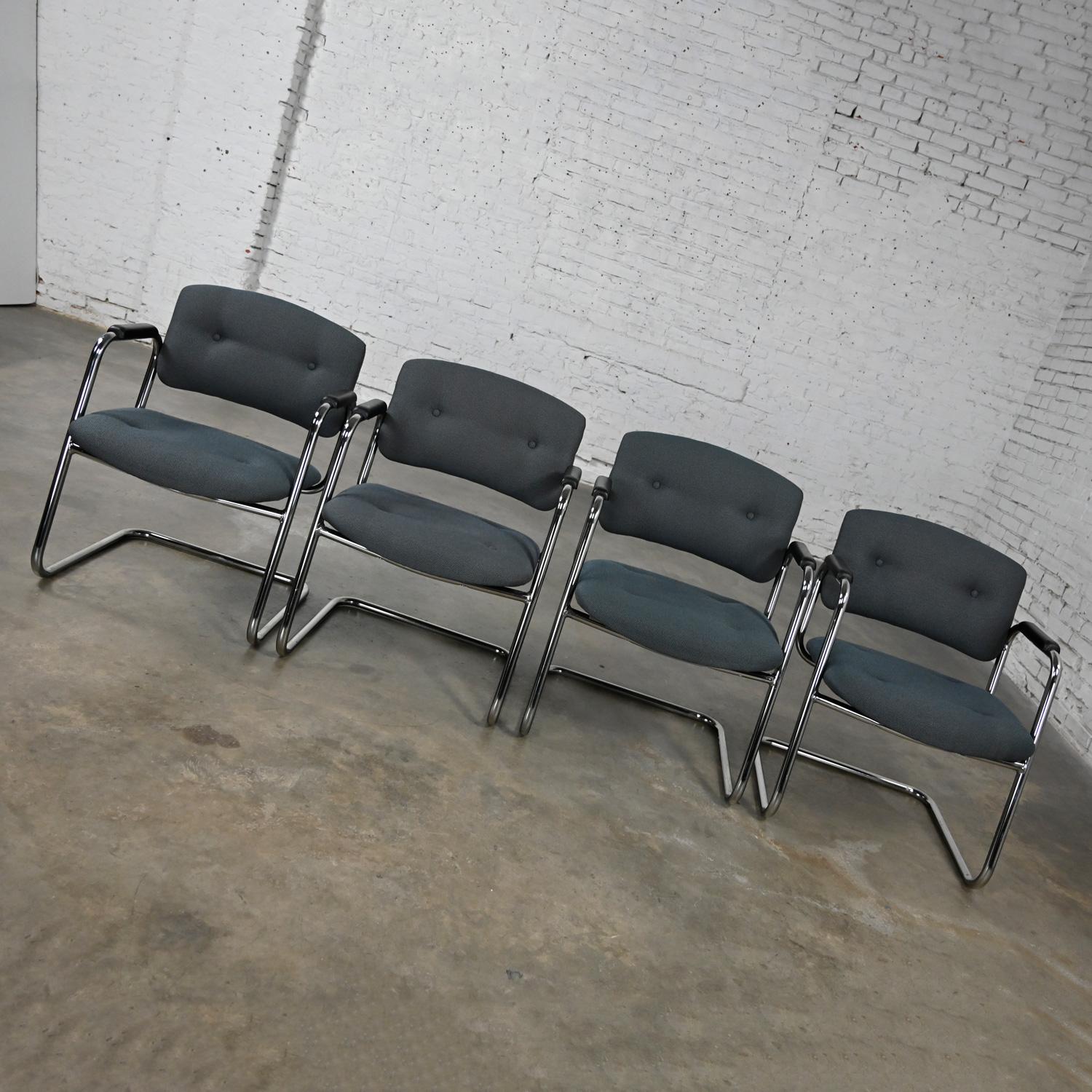 Fabric Late 20th Century Gray & Chrome Cantilever Chairs Style Steelcase Set of 4 For Sale