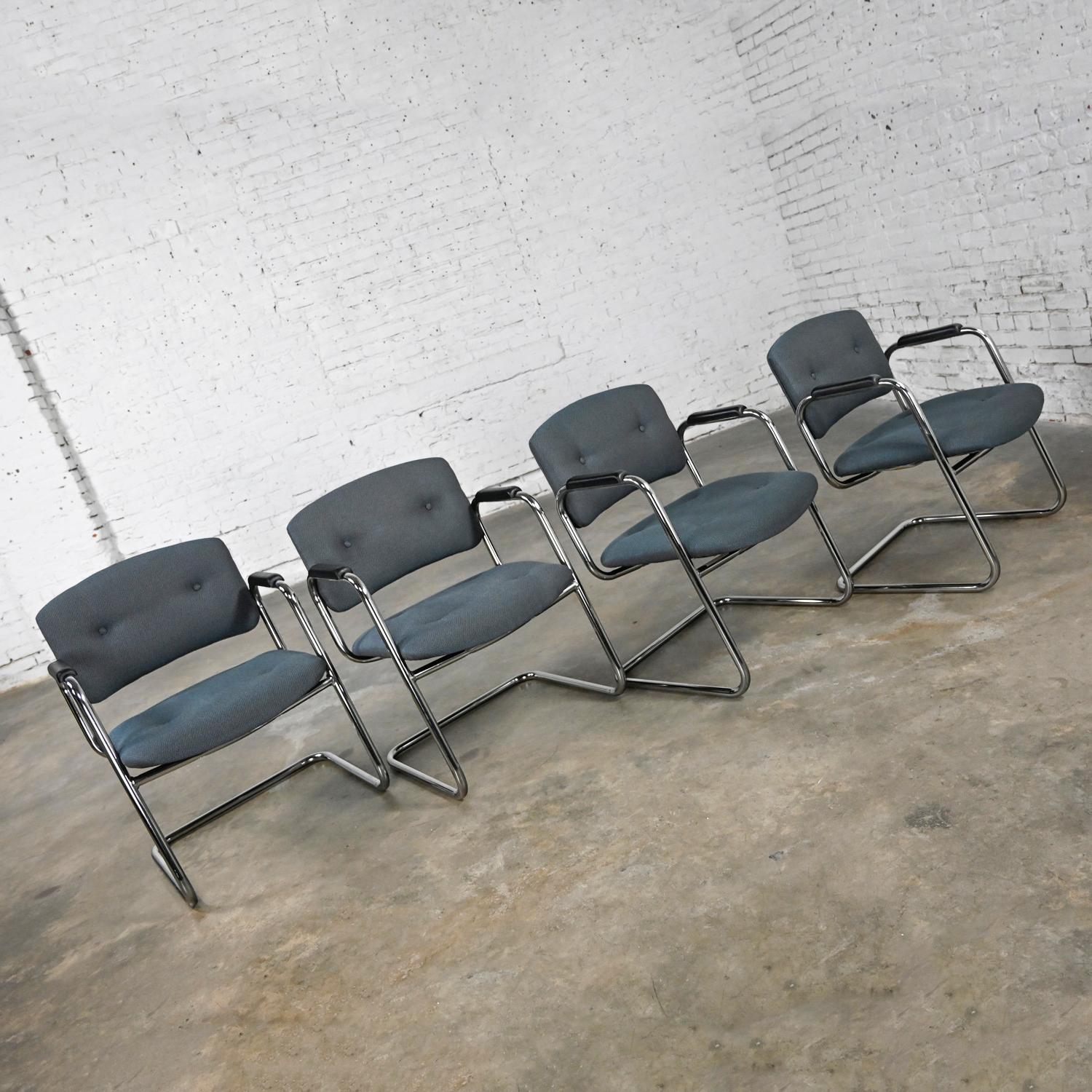 Late 20th Century Gray & Chrome Cantilever Chairs Style Steelcase Set of 4 For Sale 1