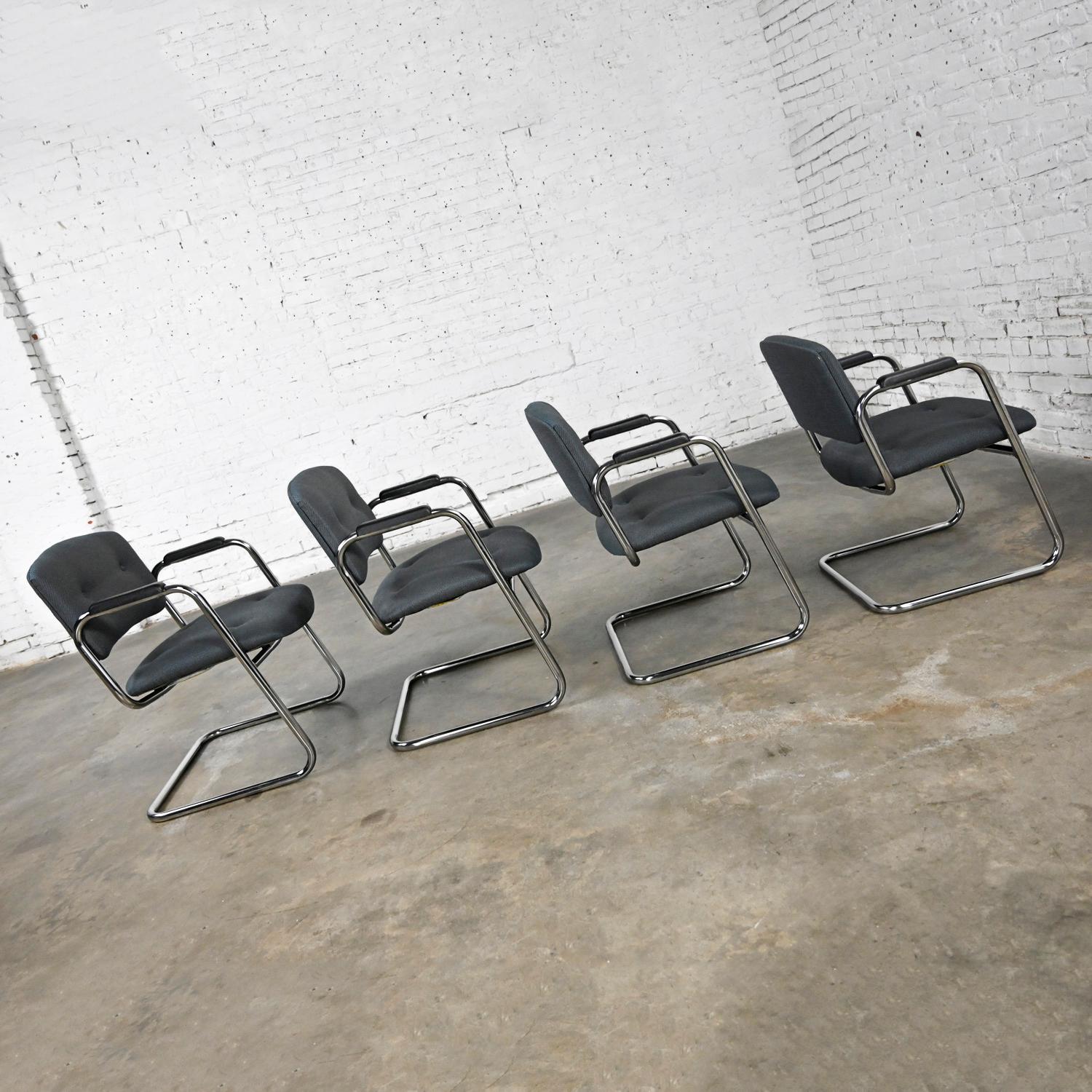 Late 20th Century Gray & Chrome Cantilever Chairs Style Steelcase Set of 4 For Sale 2