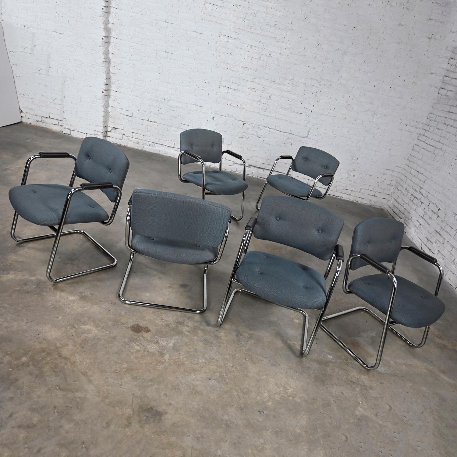 Late 20th Century Gray & Chrome Cantilever Chairs Style Steelcase Set of 6 For Sale 6