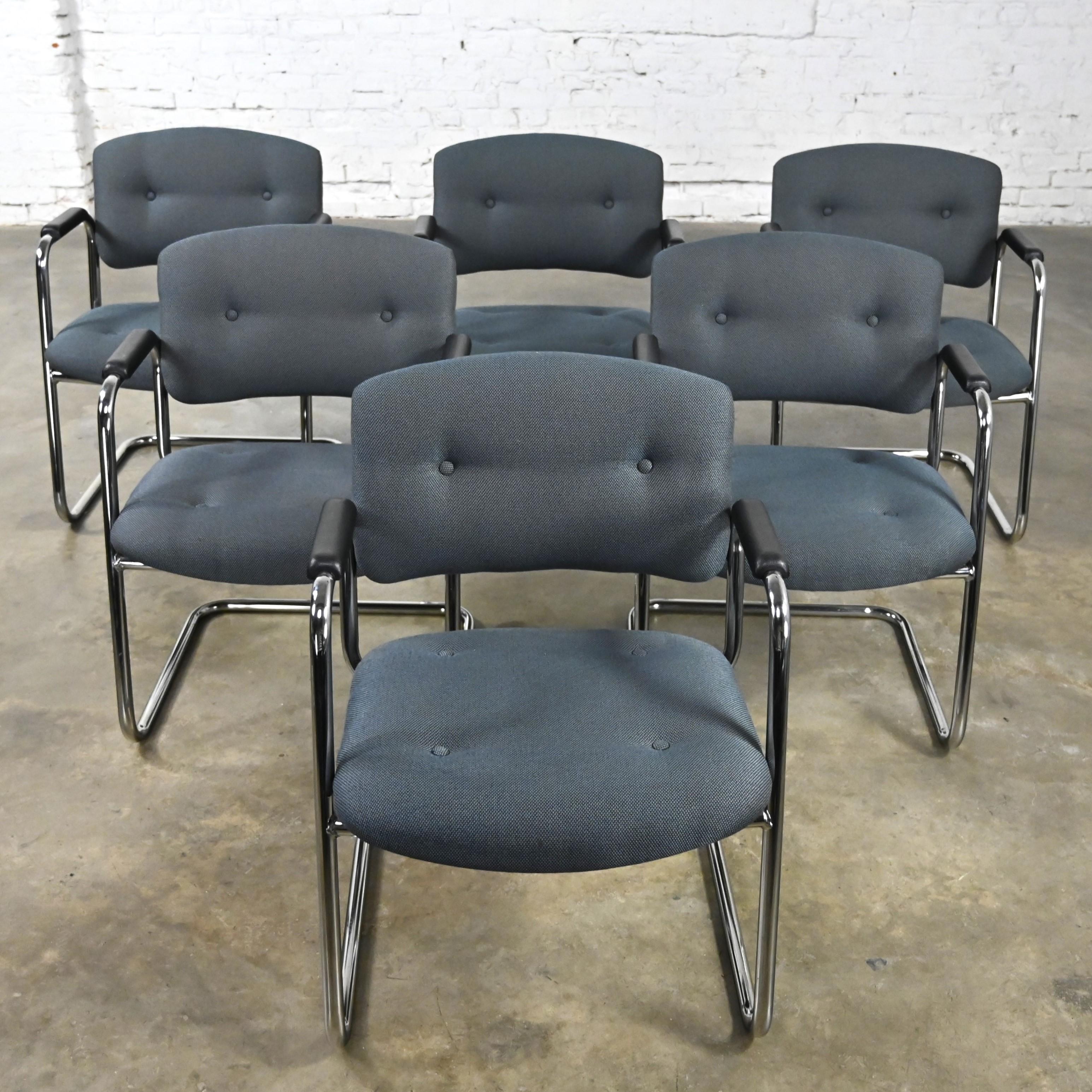 Late 20th Century Gray & Chrome Cantilever Chairs Style Steelcase Set of 6 For Sale 6