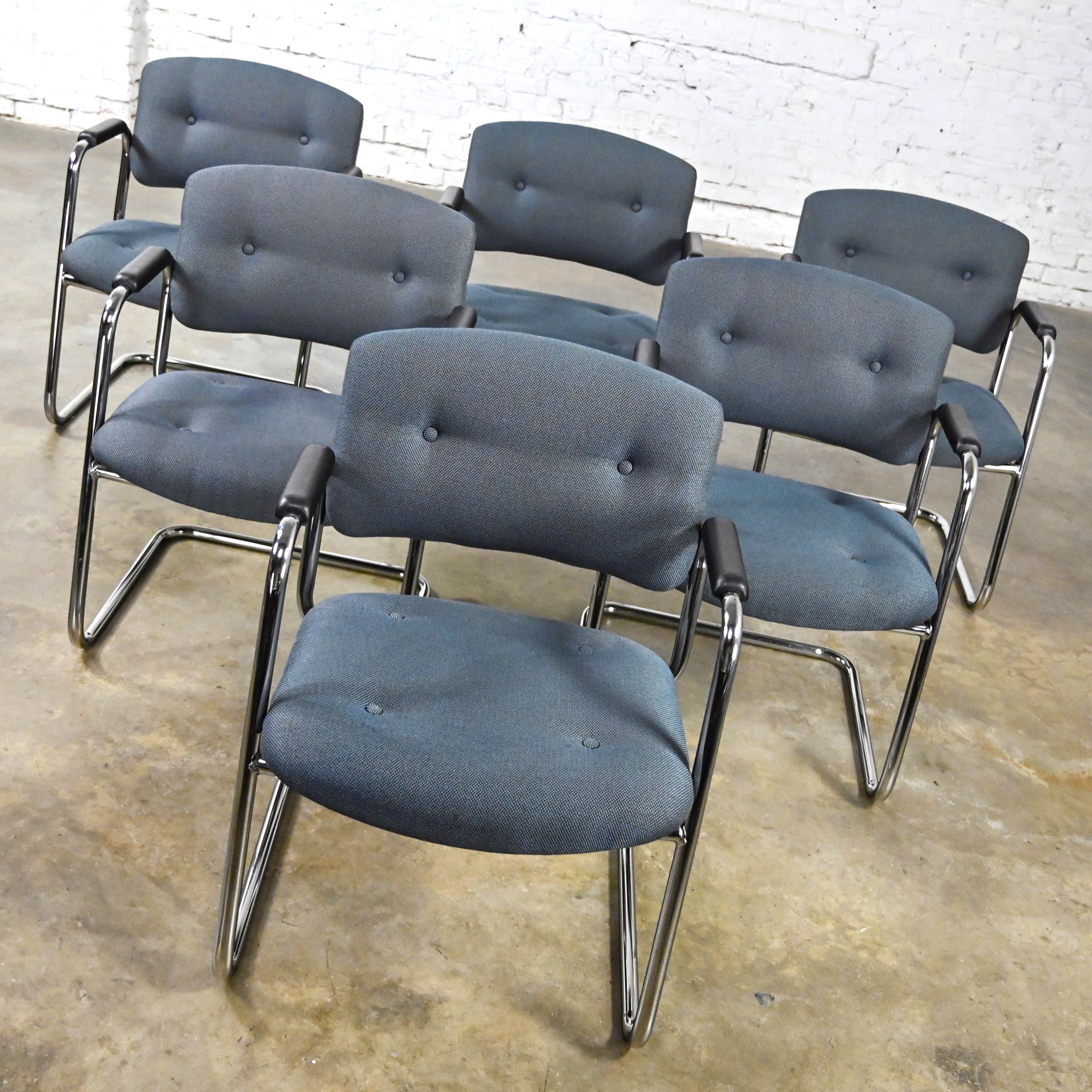 Modern Late 20th Century Gray & Chrome Cantilever Chairs Style Steelcase Set of 6 For Sale