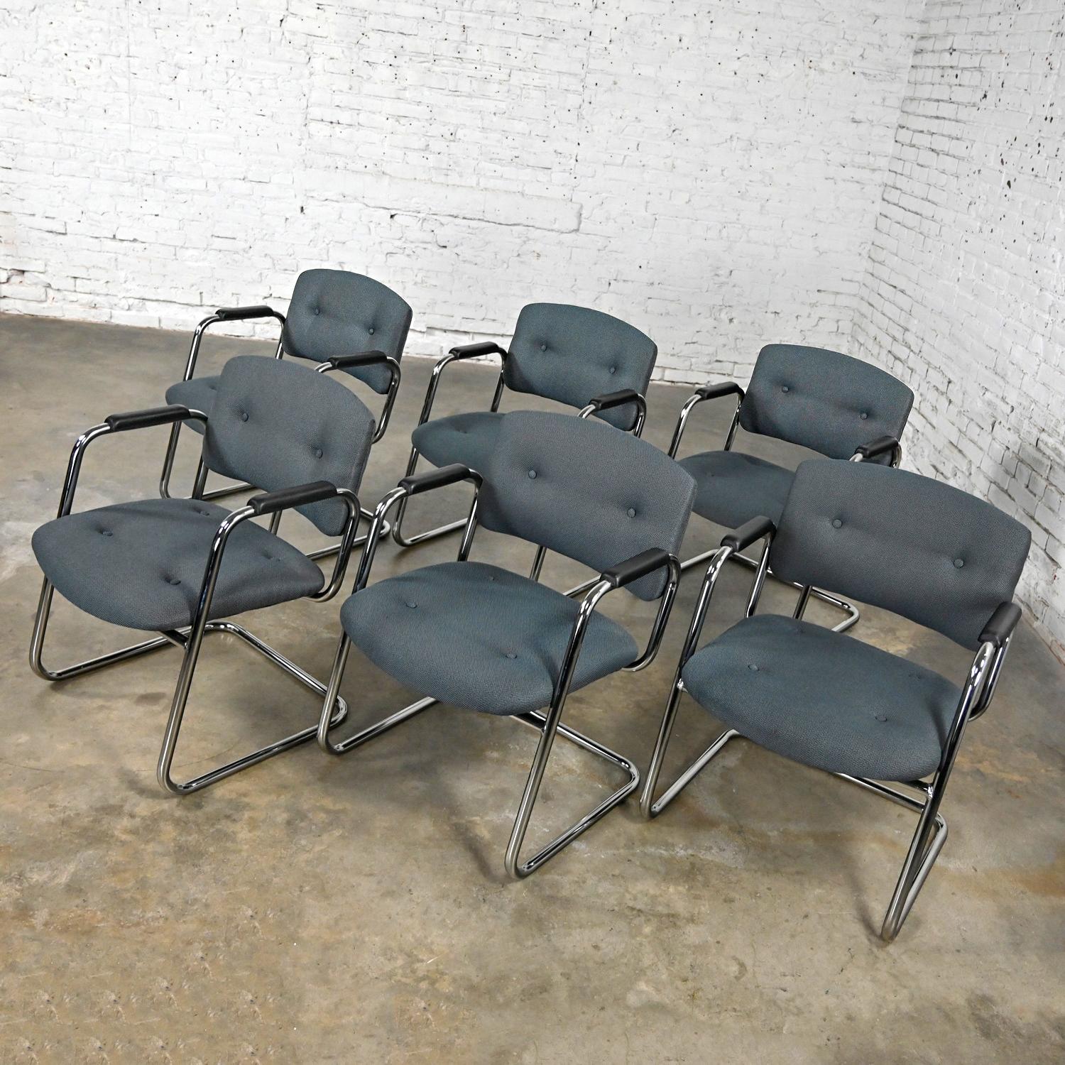 Late 20th Century Gray & Chrome Cantilever Chairs Style Steelcase Set of 6 In Good Condition For Sale In Topeka, KS