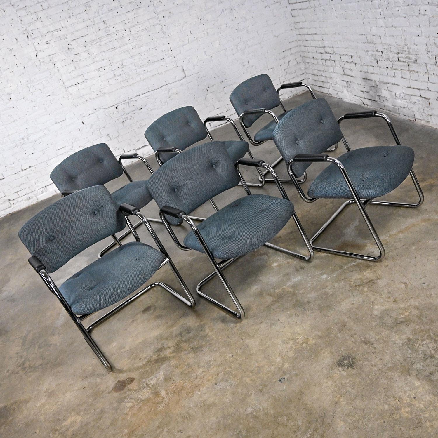 Fabric Late 20th Century Gray & Chrome Cantilever Chairs Style Steelcase Set of 6 For Sale