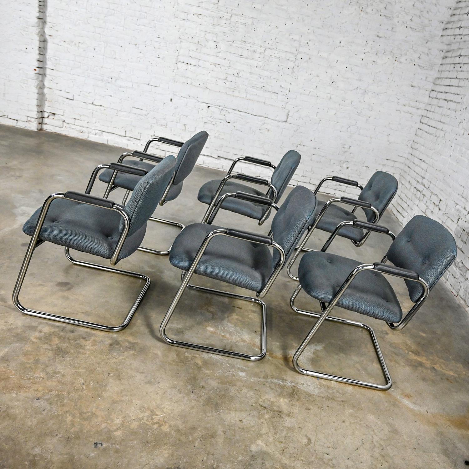Late 20th Century Gray & Chrome Cantilever Chairs Style Steelcase Set of 6 For Sale 1