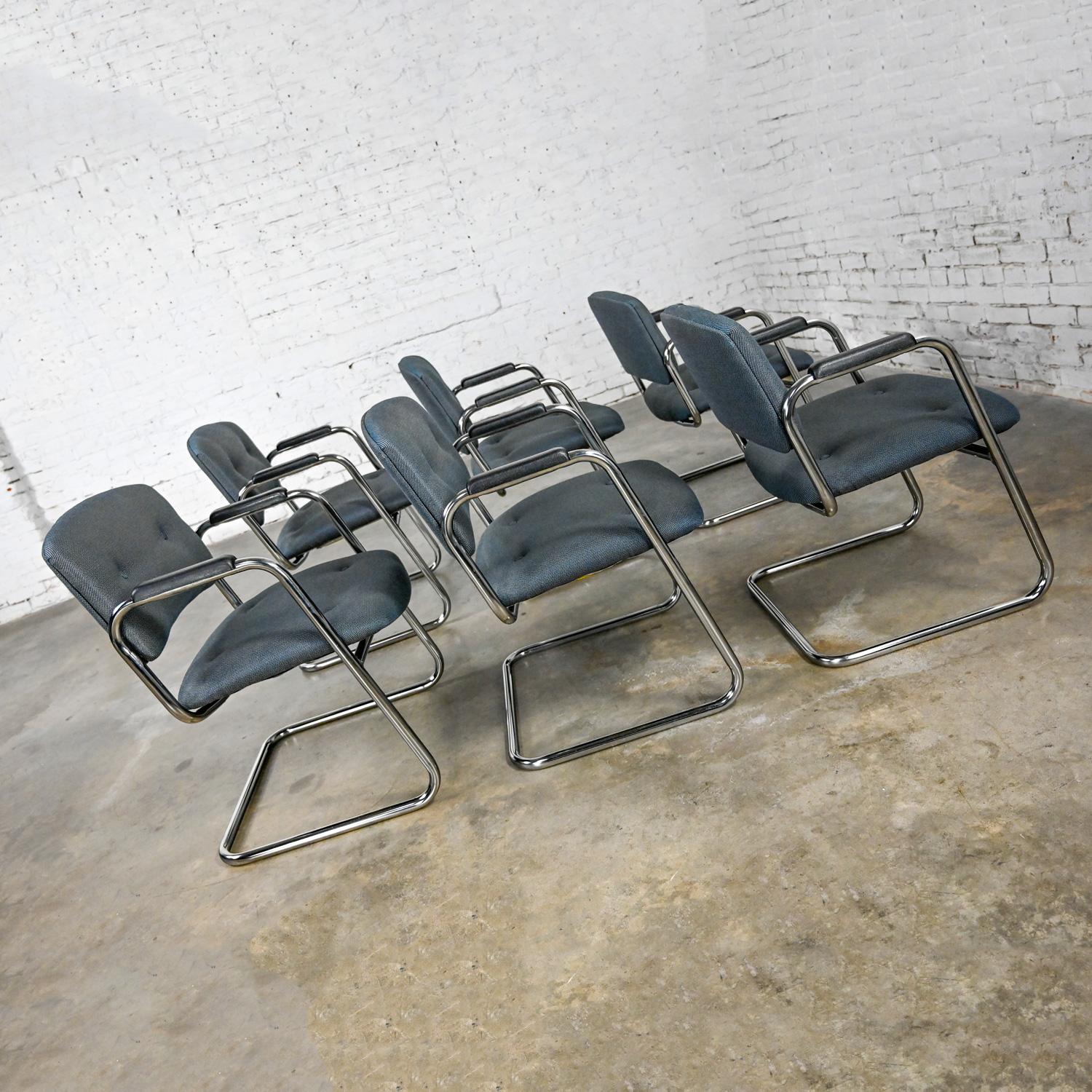 Late 20th Century Gray & Chrome Cantilever Chairs Style Steelcase Set of 6 For Sale 2