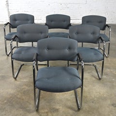 Late 20th Century Gray & Chrome Cantilever Chairs Style Steelcase Set of 6