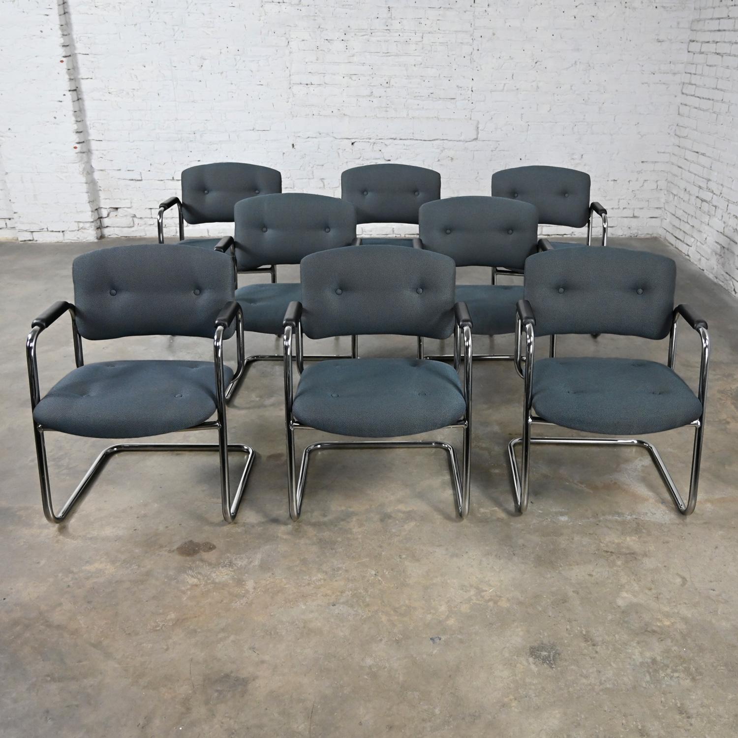 Late 20th Century Gray & Chrome Cantilever Chairs Style Steelcase Set of 8 For Sale 9