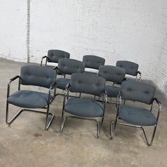 Late 20th Century Gray & Chrome Cantilever Chairs Style Steelcase Set of 8
