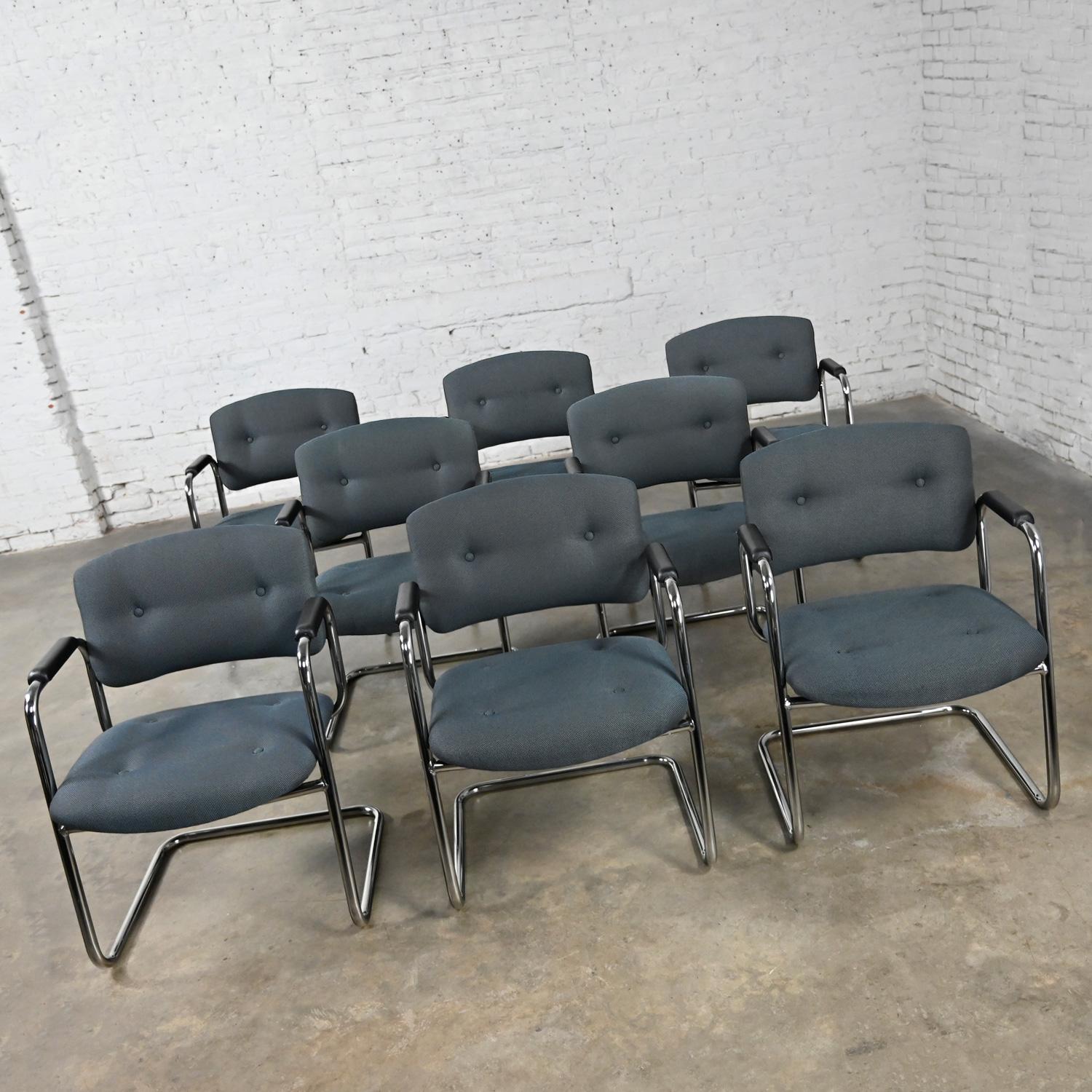 Modern Late 20th Century Gray & Chrome Cantilever Chairs Style Steelcase Set of 8 For Sale