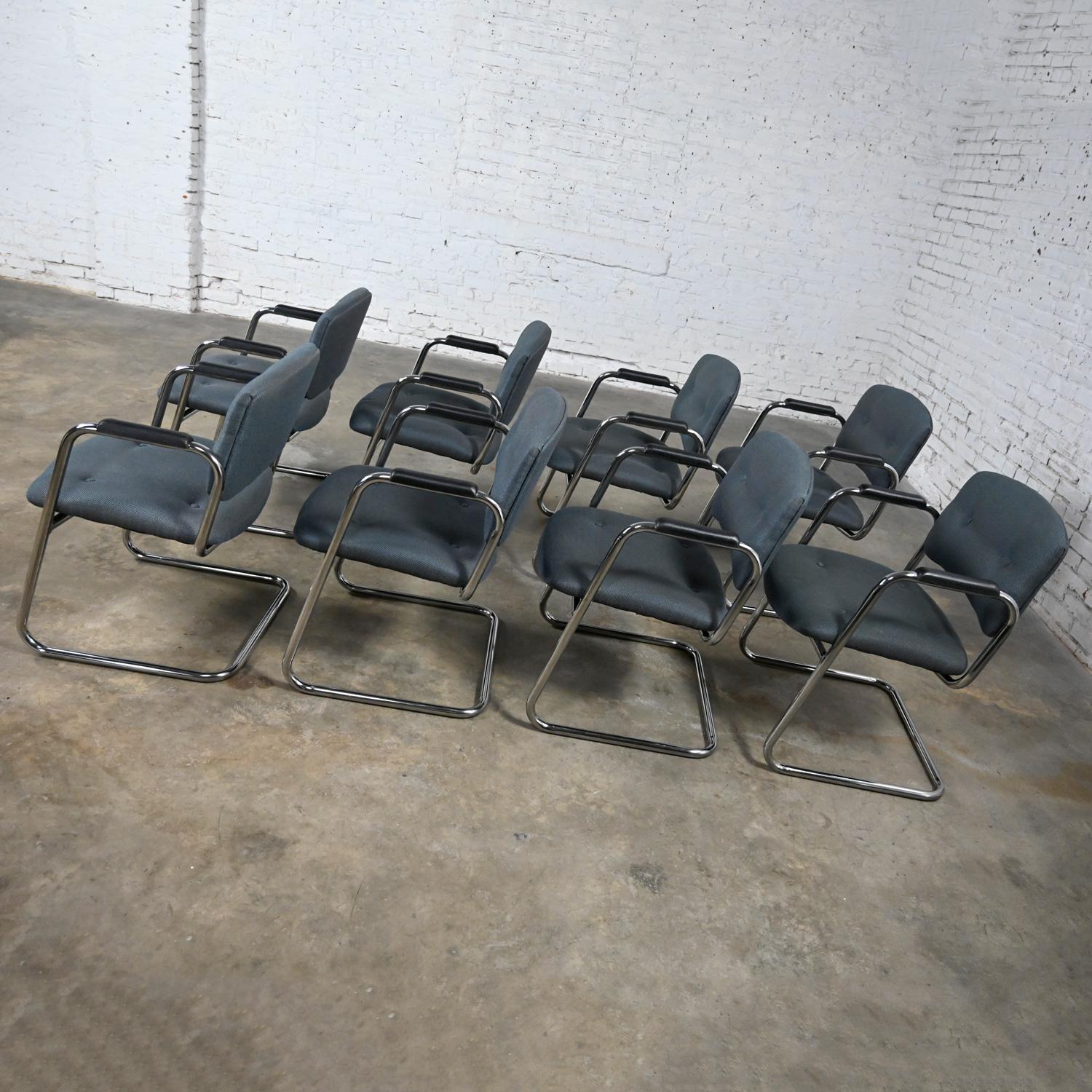 Fabric Late 20th Century Gray & Chrome Cantilever Chairs Style Steelcase Set of 8 For Sale