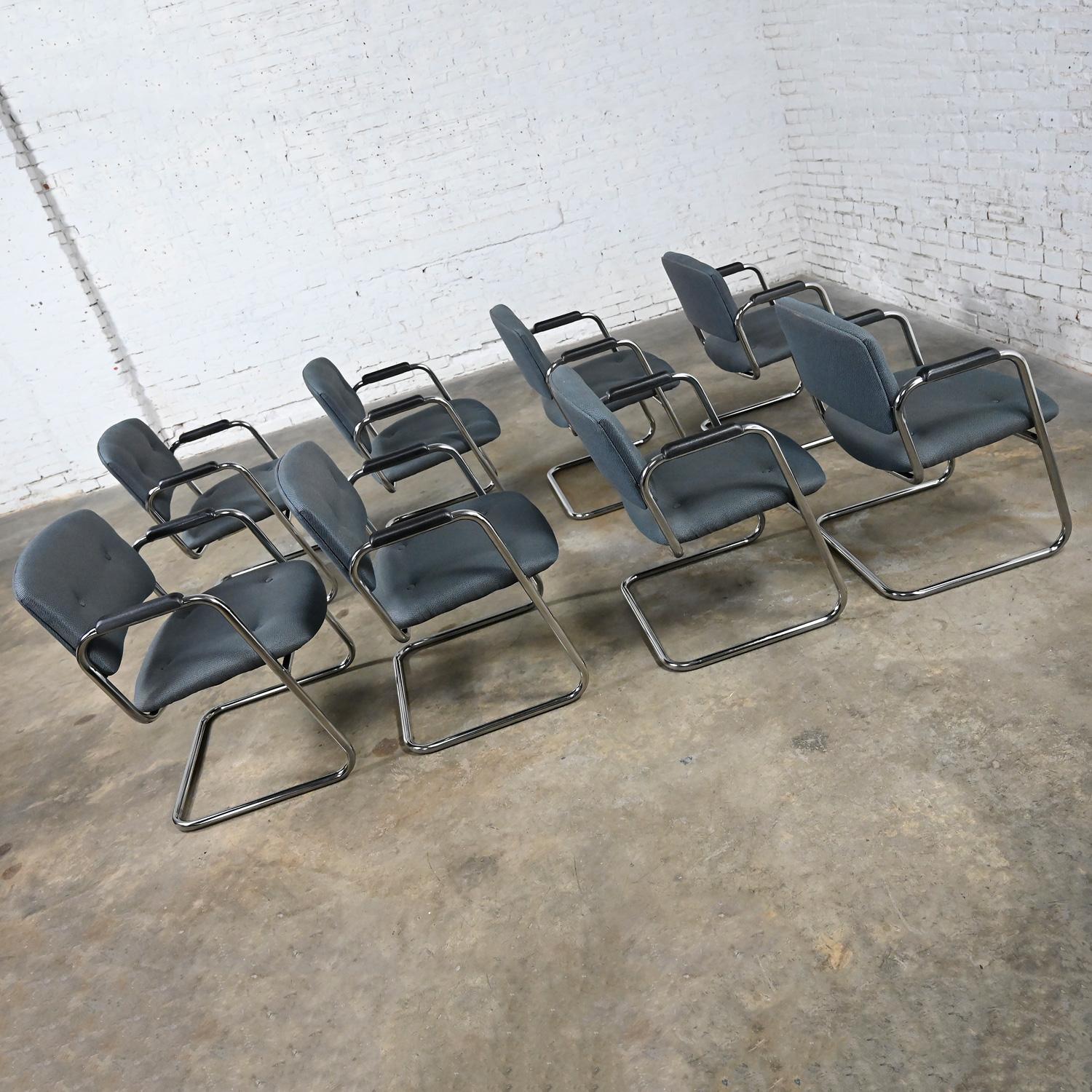 Late 20th Century Gray & Chrome Cantilever Chairs Style Steelcase Set of 8 For Sale 1