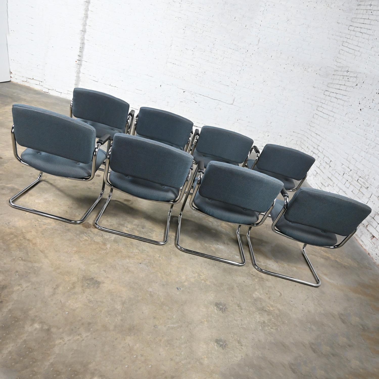 Late 20th Century Gray & Chrome Cantilever Chairs Style Steelcase Set of 8 For Sale 2