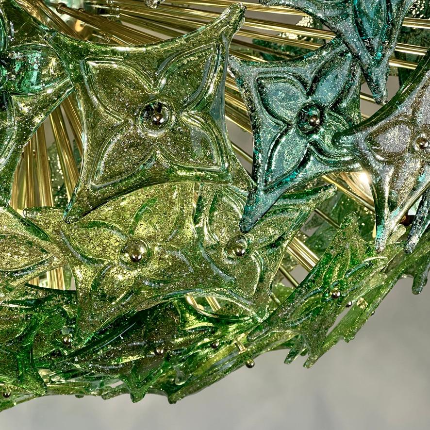 Late 20th Century Green Flowers Murano Art Glass & Brass Sputnik Chandelier  For Sale 6