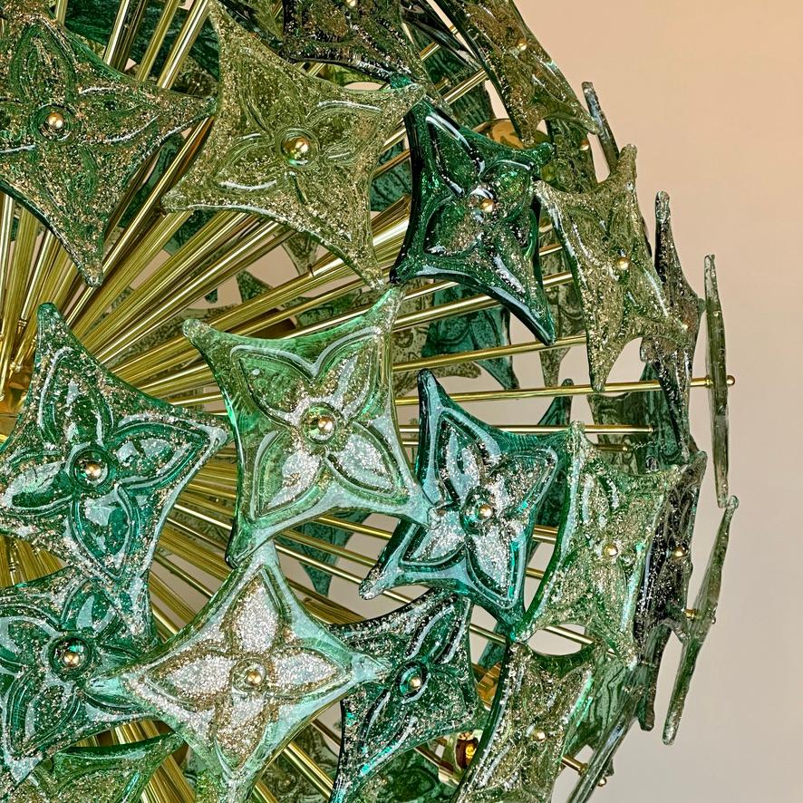 Modern Late 20th Century Green Flowers Murano Art Glass & Brass Sputnik Chandelier  For Sale