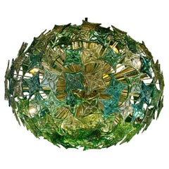 Late 20th Century Green Flowers Murano Art Glass & Brass Sputnik Chandelier 