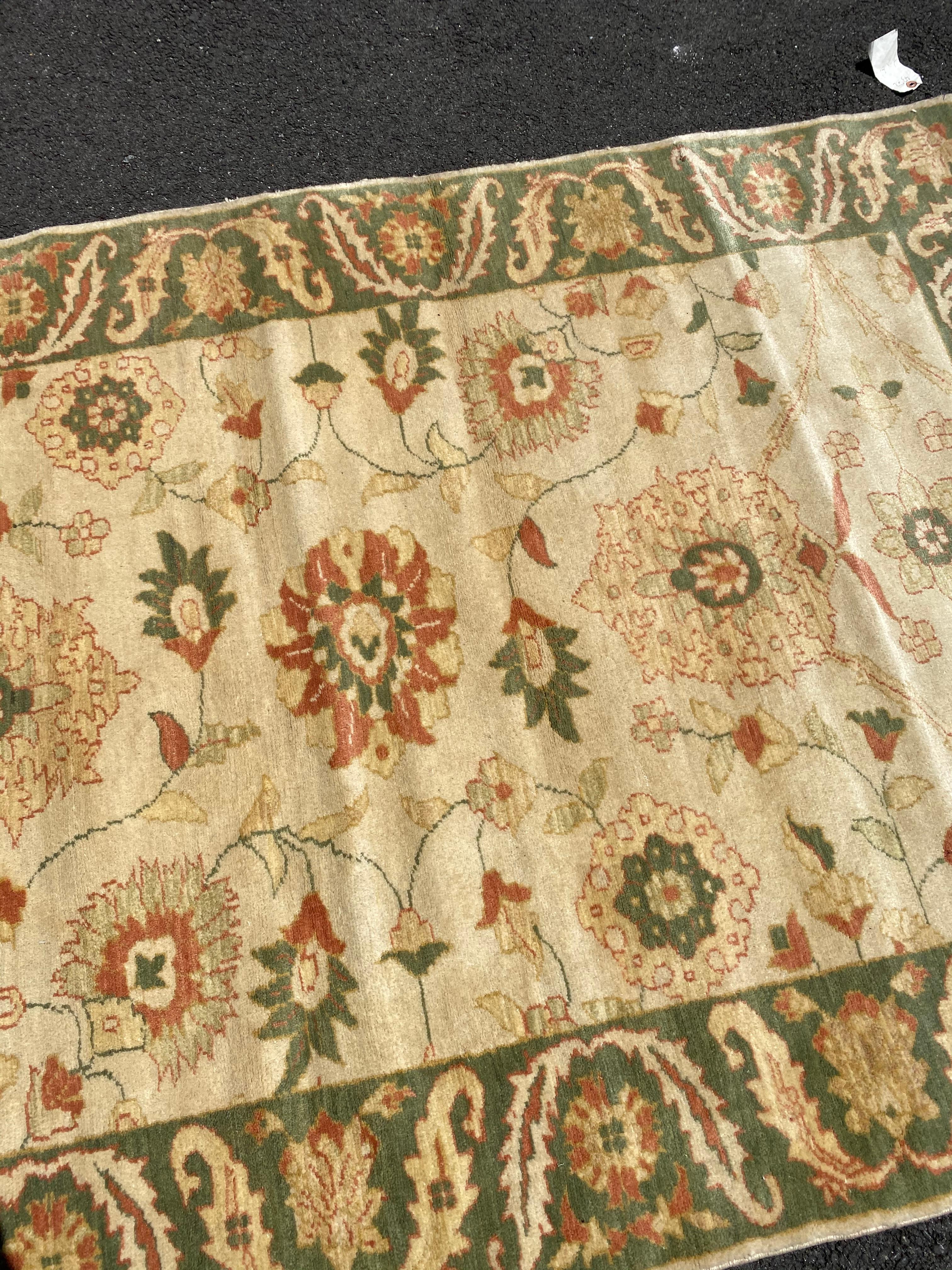 Oushak Late 20th Century Green Gold Ivory Beige Floral Persian Style Small Area Rug For Sale