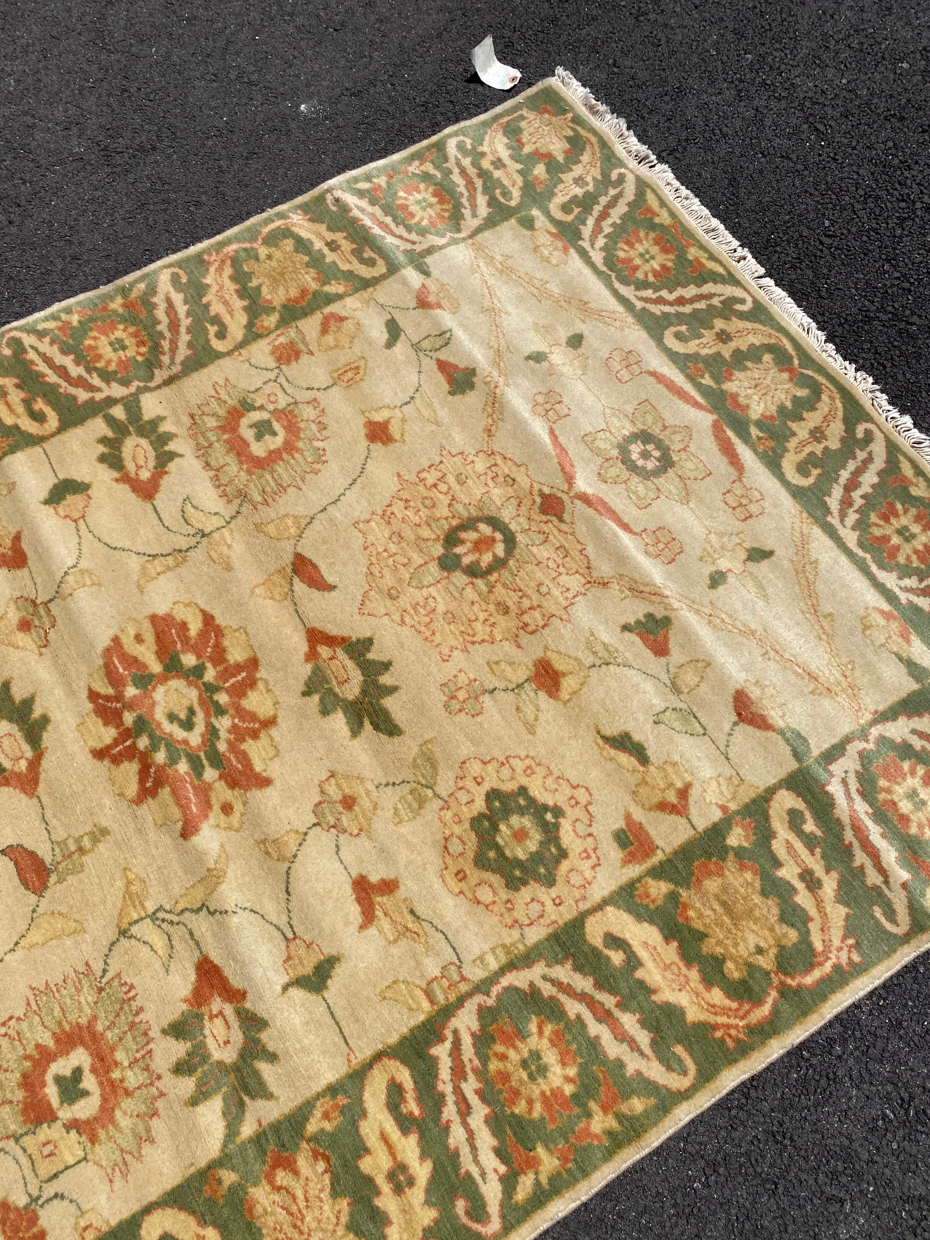 Egyptian Late 20th Century Green Gold Ivory Beige Floral Persian Style Small Area Rug For Sale
