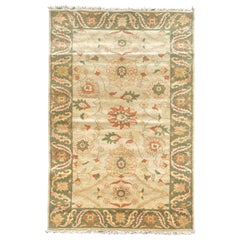 Vintage Late 20th Century Green Gold Ivory Beige Floral Persian Style Small Area Rug