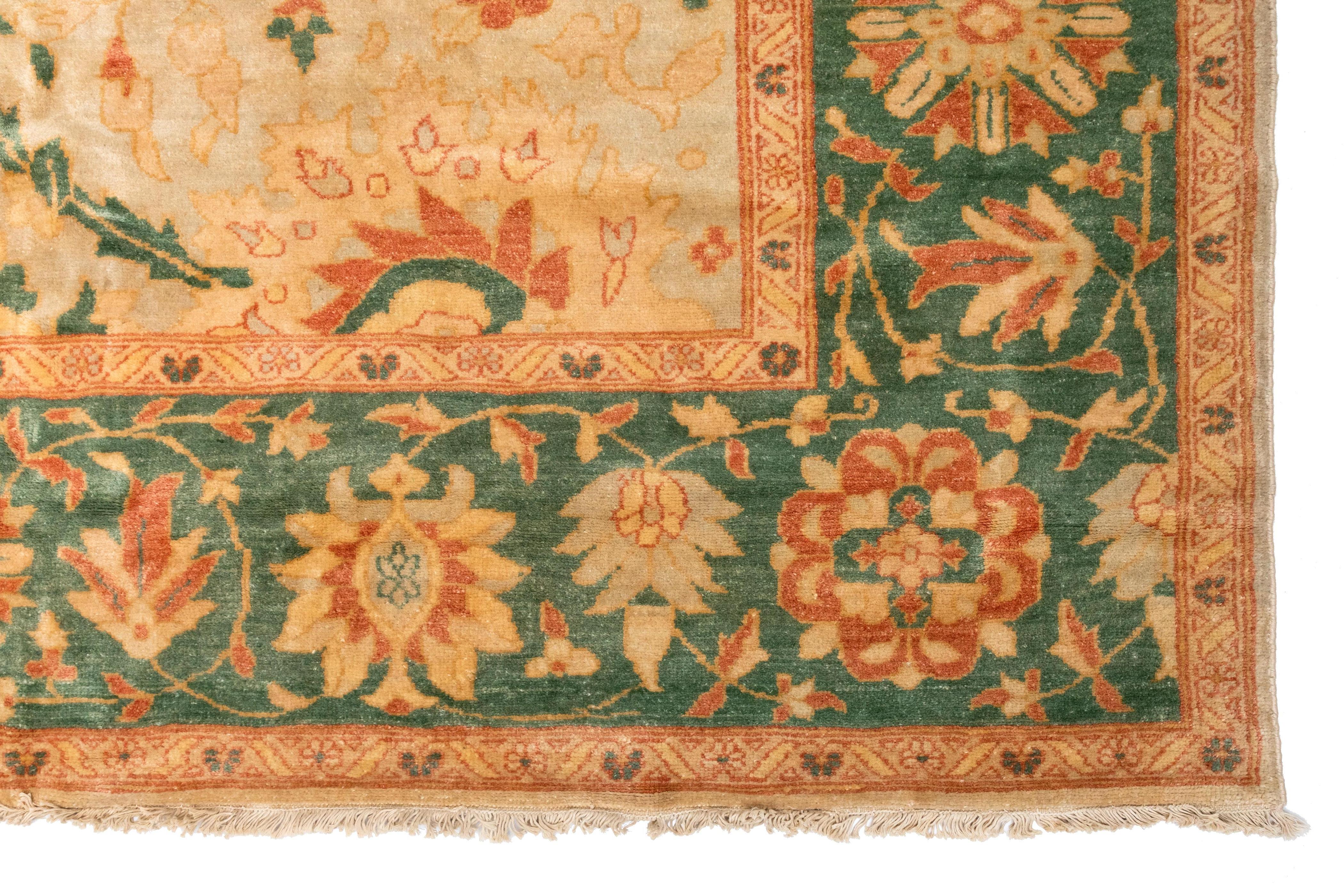 Hand-Knotted Late 20th Century Green Gold Ivory Floral Egyptian Rug Persian Design