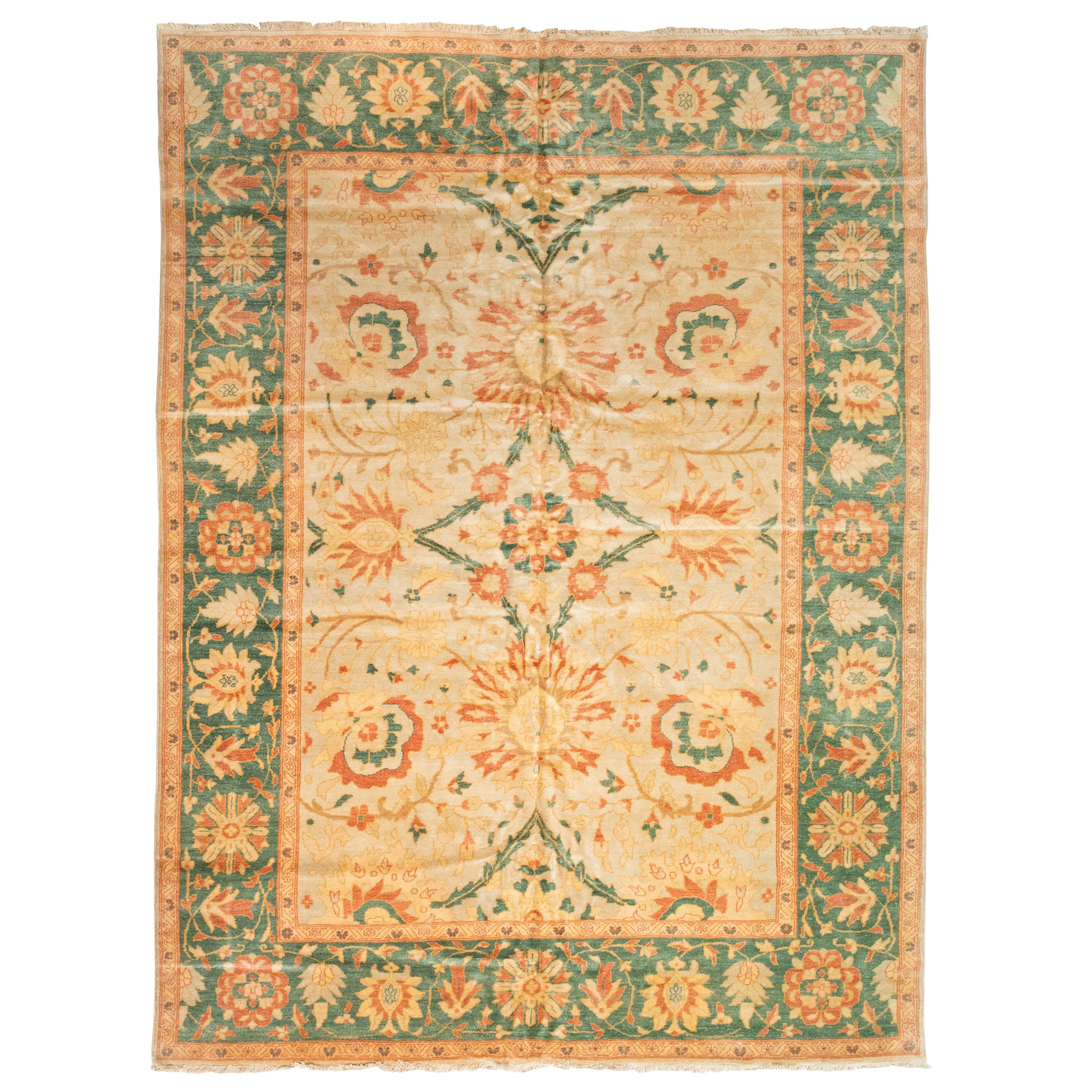 Late 20th Century Green Gold Ivory Floral Egyptian Rug Persian Design