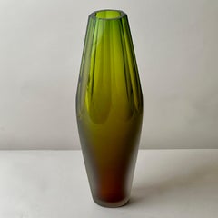 Late 20th Century Green Hand Faceted Murano Glass Vase by Vetreria Vivarini