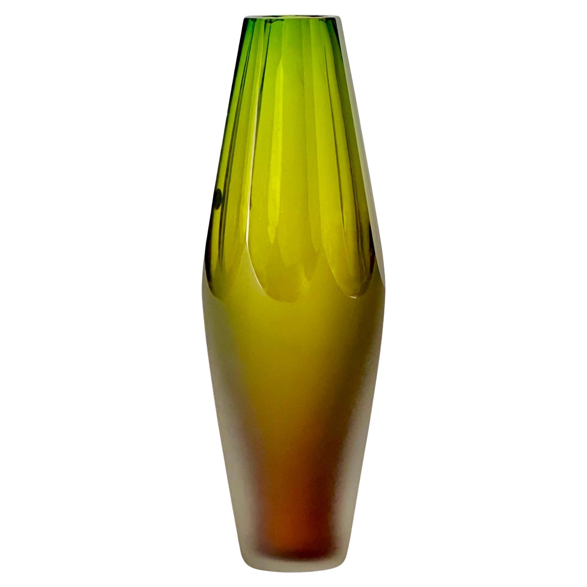 Late 20th Century Green Hand Faceted Murano Glass Vase by Vetreria Vivarini For Sale