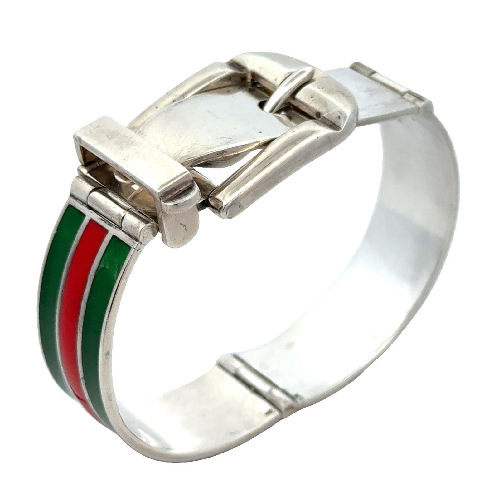 Modern Late 20th Century Gucci Sterling Silver Enamel Hinged Buckle Bangle Bracelet For Sale