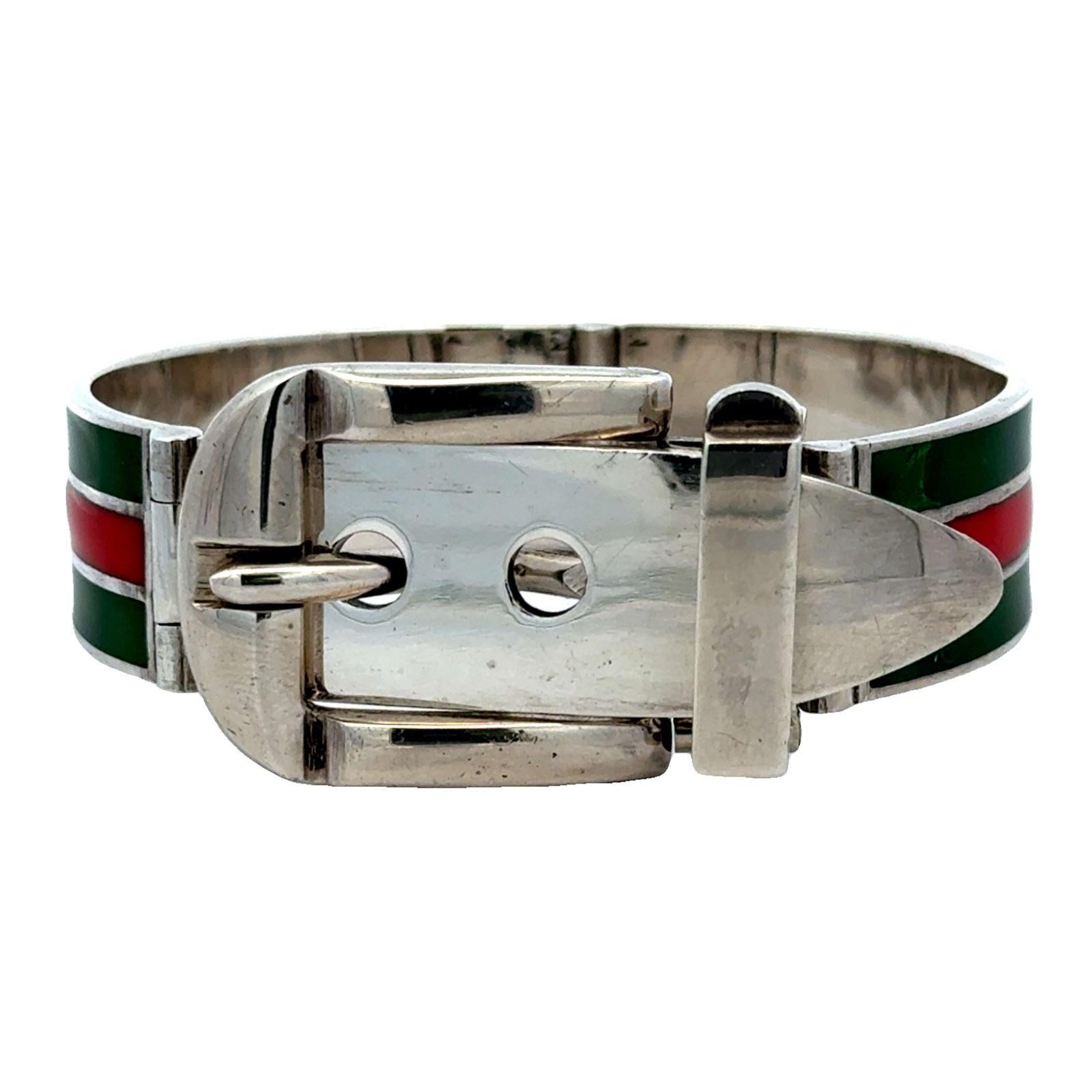 Women's Late 20th Century Gucci Sterling Silver Enamel Hinged Buckle Bangle Bracelet For Sale