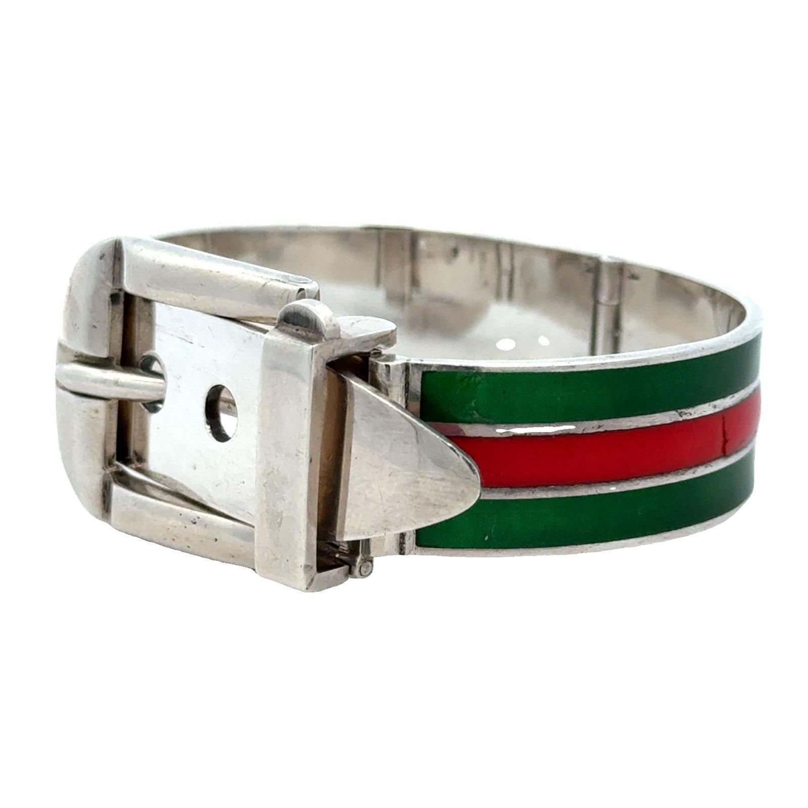 Late 20th Century Gucci Sterling Silver Enamel Hinged Buckle Bangle Bracelet For Sale 1