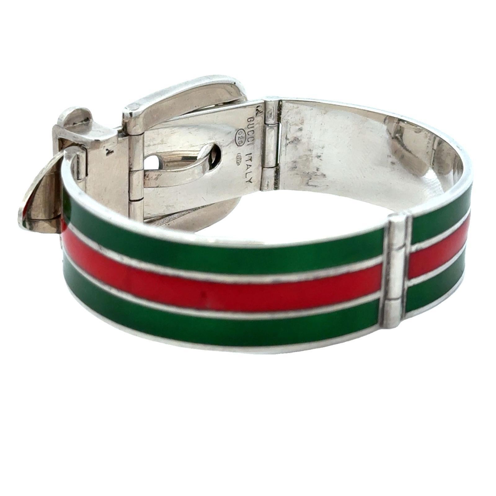 Late 20th Century Gucci Sterling Silver Enamel Hinged Buckle Bangle Bracelet For Sale 2