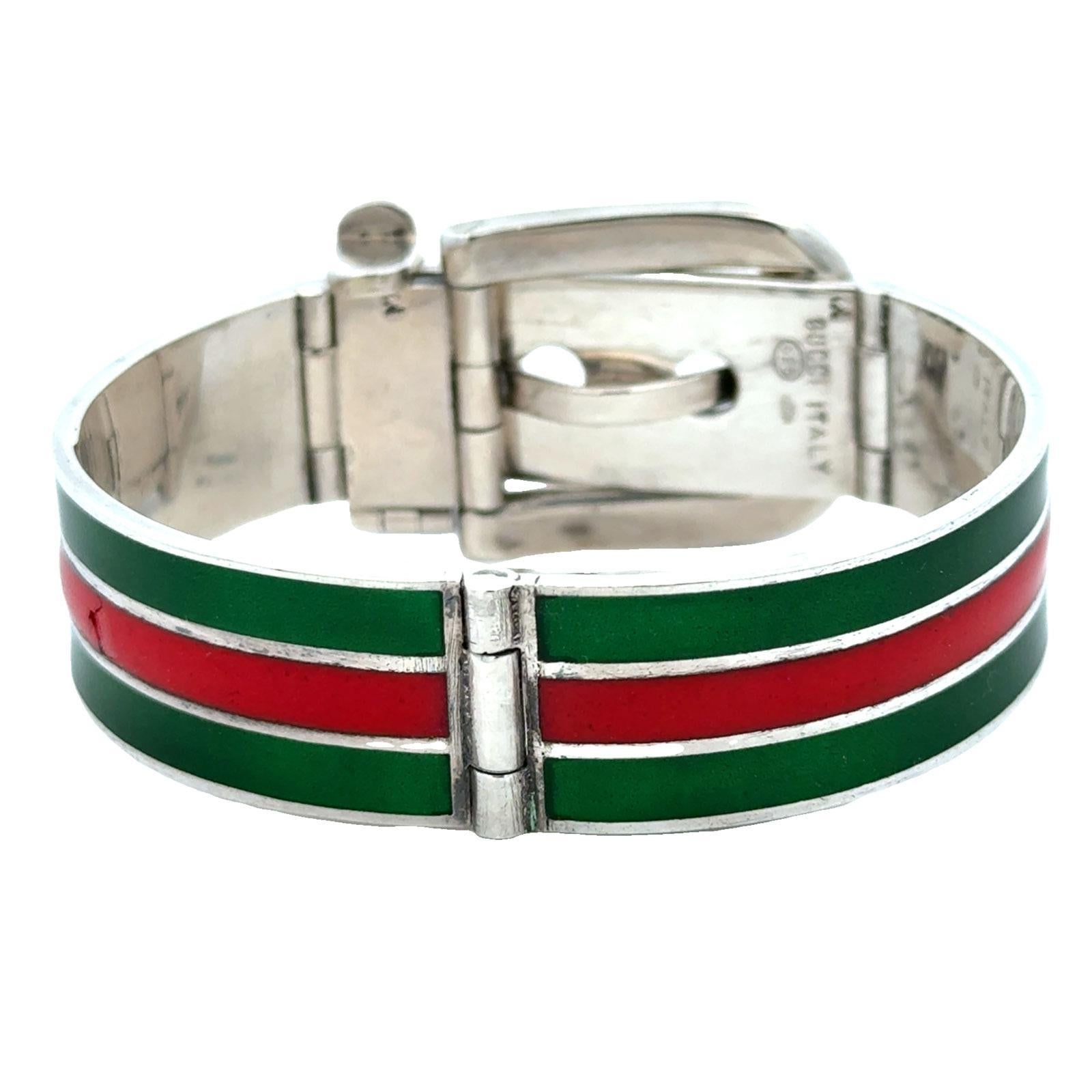 Late 20th Century Gucci Sterling Silver Enamel Hinged Buckle Bangle Bracelet For Sale 3
