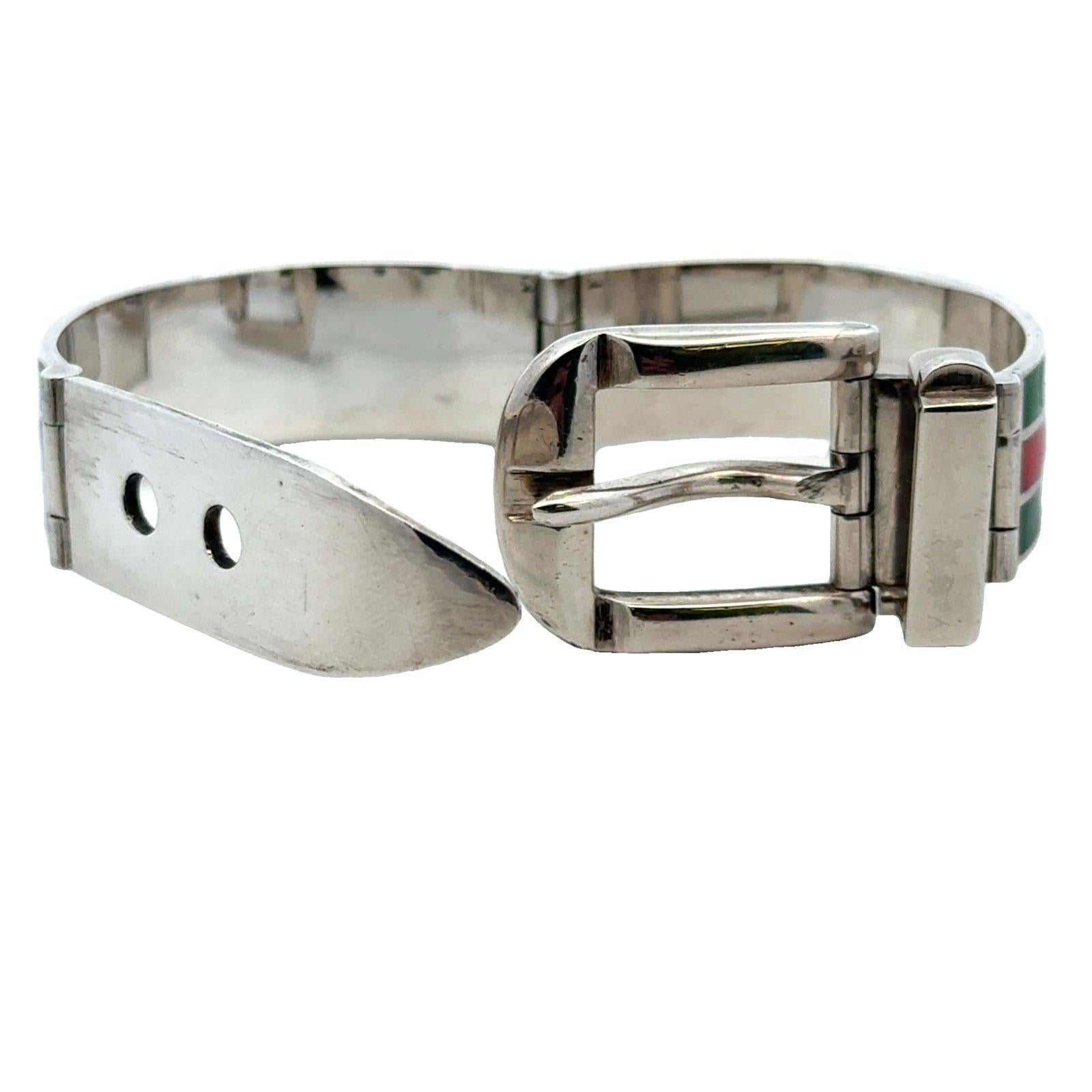 Late 20th Century Gucci Sterling Silver Enamel Hinged Buckle Bangle Bracelet For Sale 4