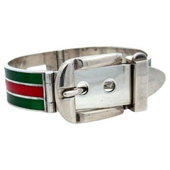 Late 20th Century Gucci Sterling Silver Enamel Hinged Buckle Bangle Bracelet