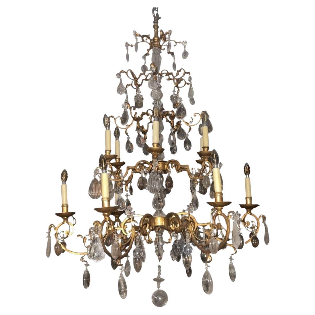 Late 20th Century Hand-Carved Rock Crystal and Wrought Iron Chandelier. U.S.A. For Sale