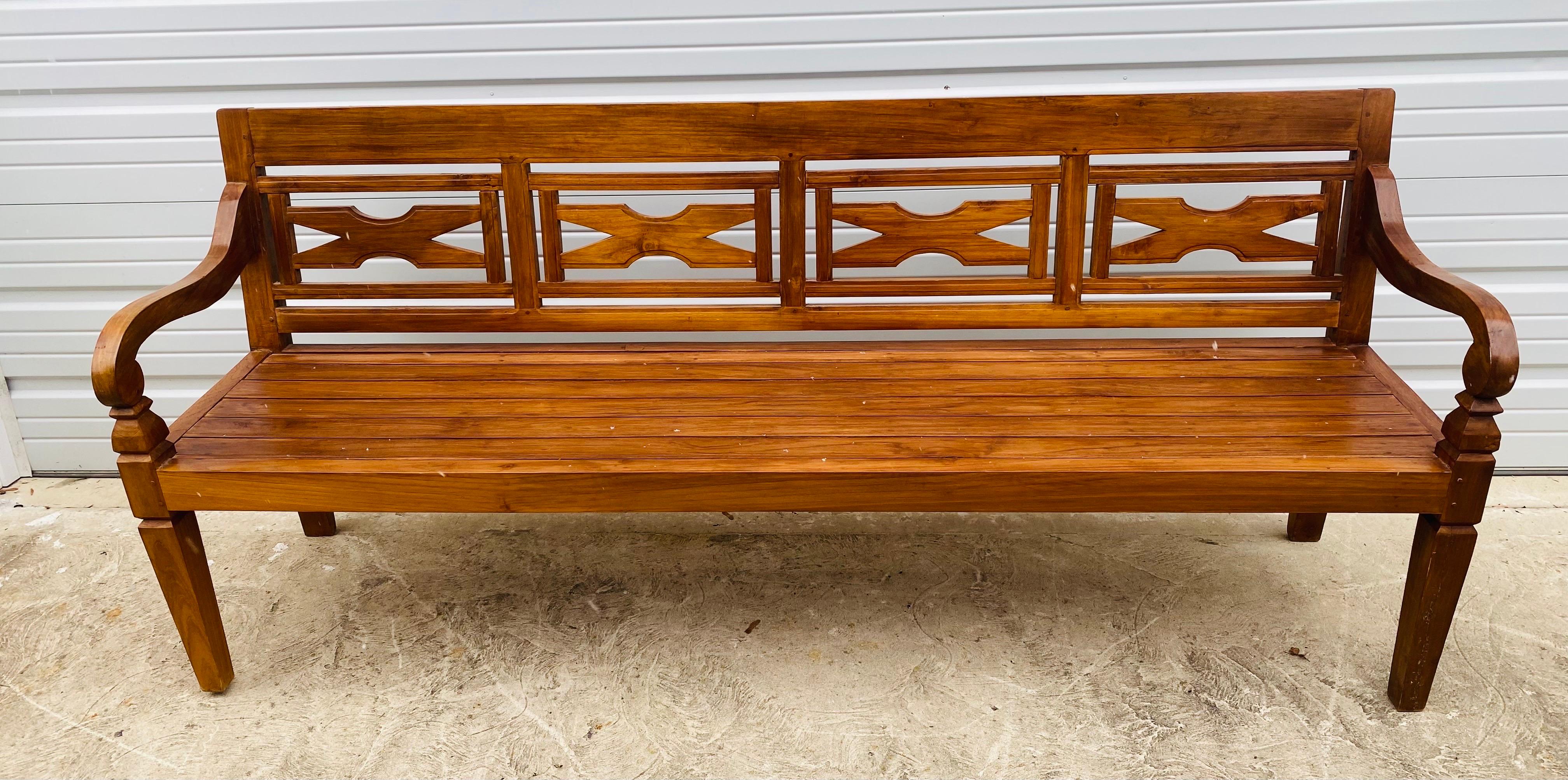 Late 20th century hand carved teak decorator bench. In Good Condition For Sale In Allentown, PA
