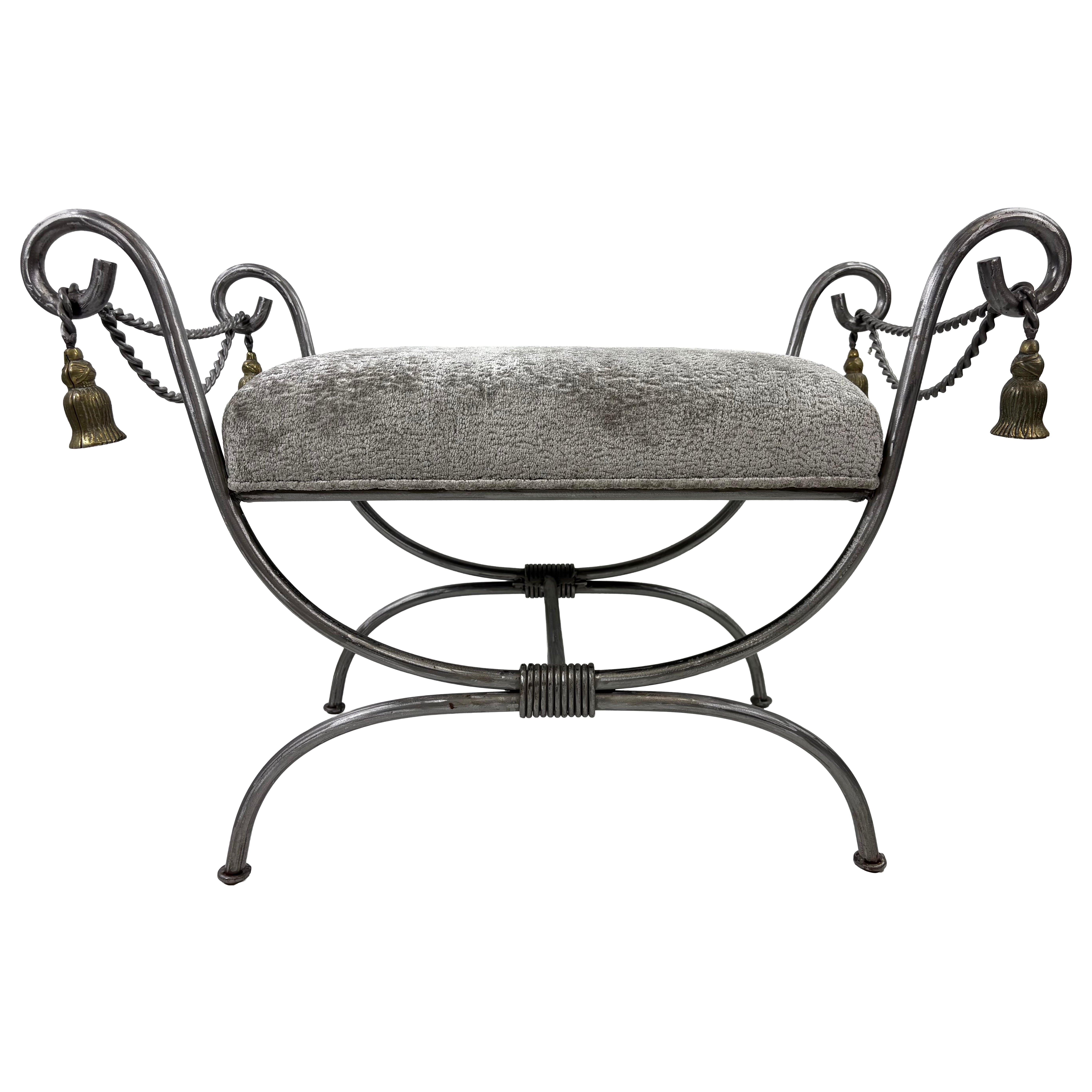 Late 20th century hand forged iron and brass upholstered bench