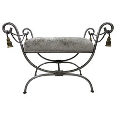 Late 20th century hand forged iron and brass upholstered bench