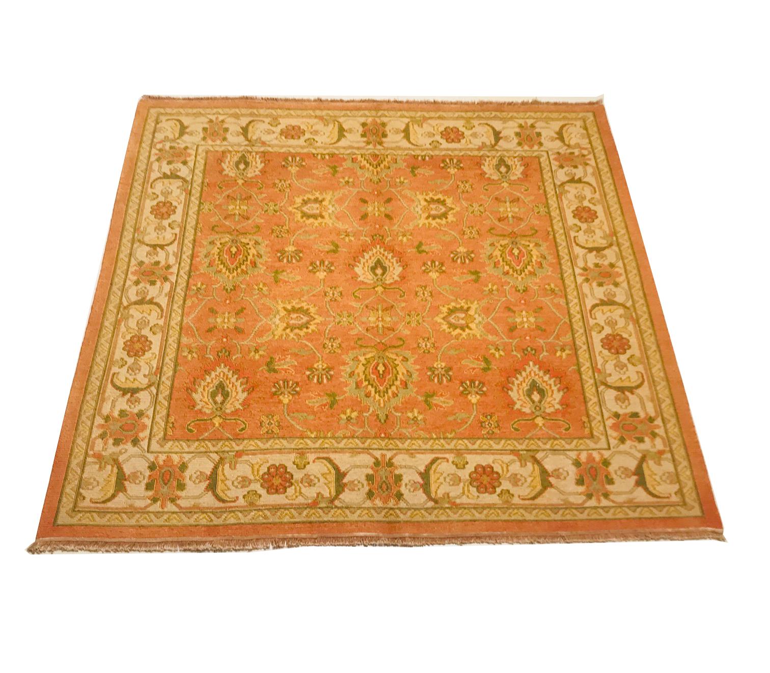 This rug is from the 1980s, hand knotted with wool.
This set of carpet has geometric drawings, gives off a combination of soft colors such as orange, beige and olive green that makes it a perfect piece to decorate a corner of our home.