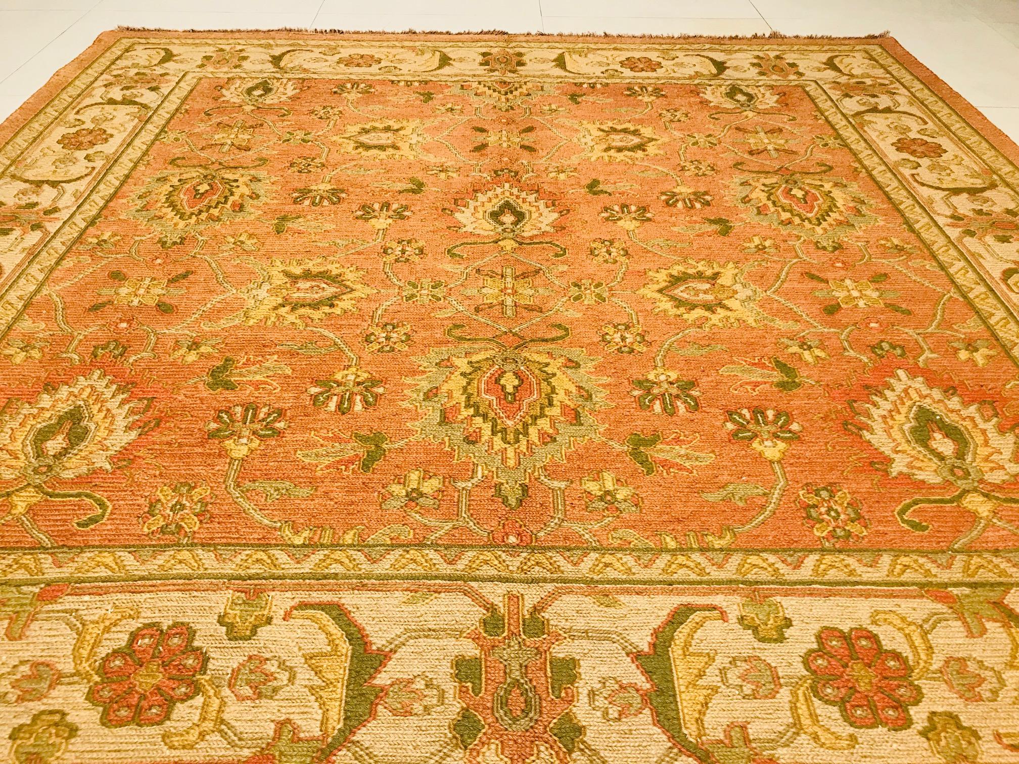 Wool Late 20th Century Hand Knotted Indian Rug with Orange and Beige of 1980s For Sale