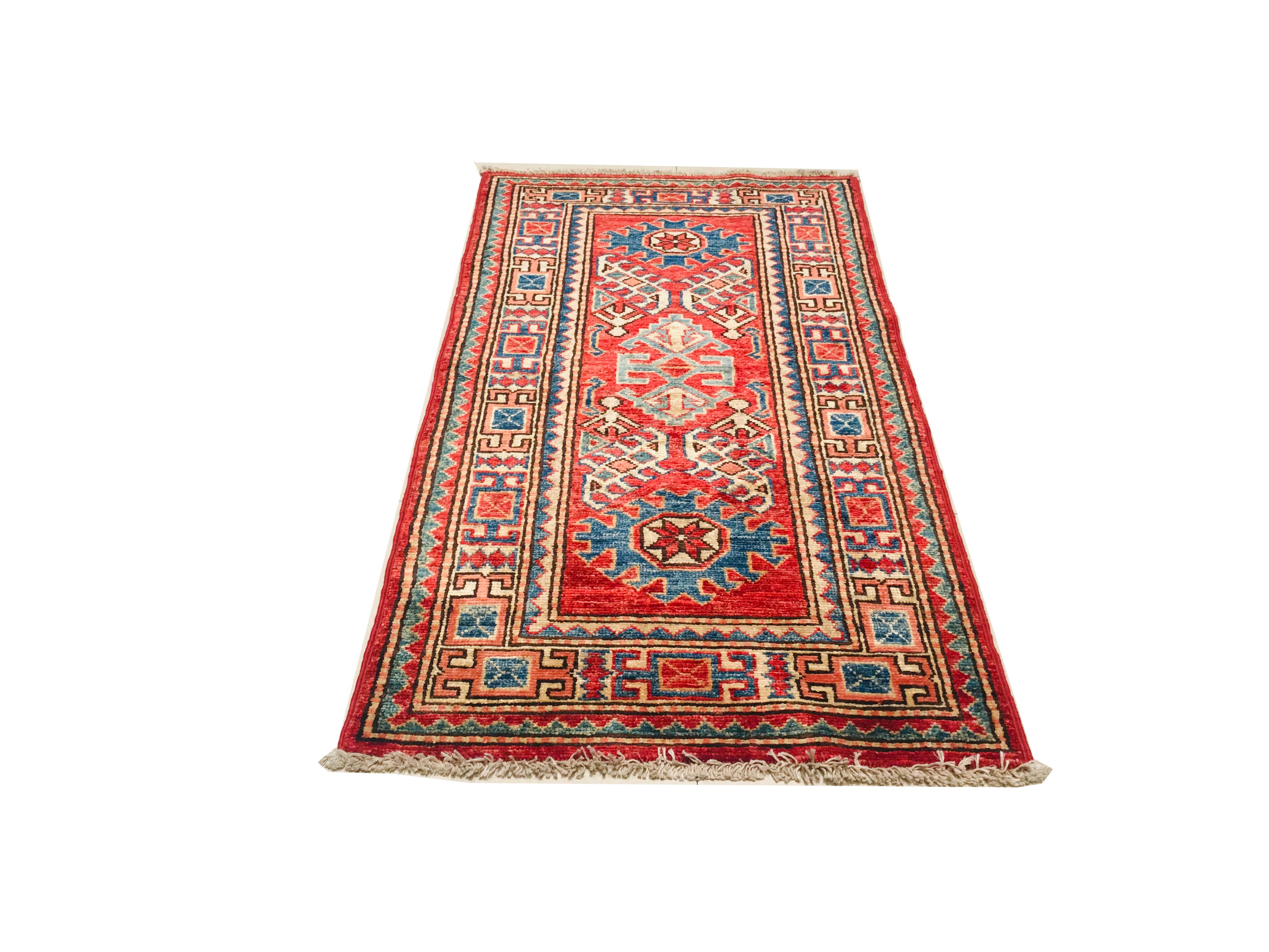 Afghan rug, from the 1970s, hand knotted with wool.
This set of carpet has geometric drawings, gives off a combination of soft colors such as red, beige, blue and green that makes it a perfect piece to decorate a corner of our home.