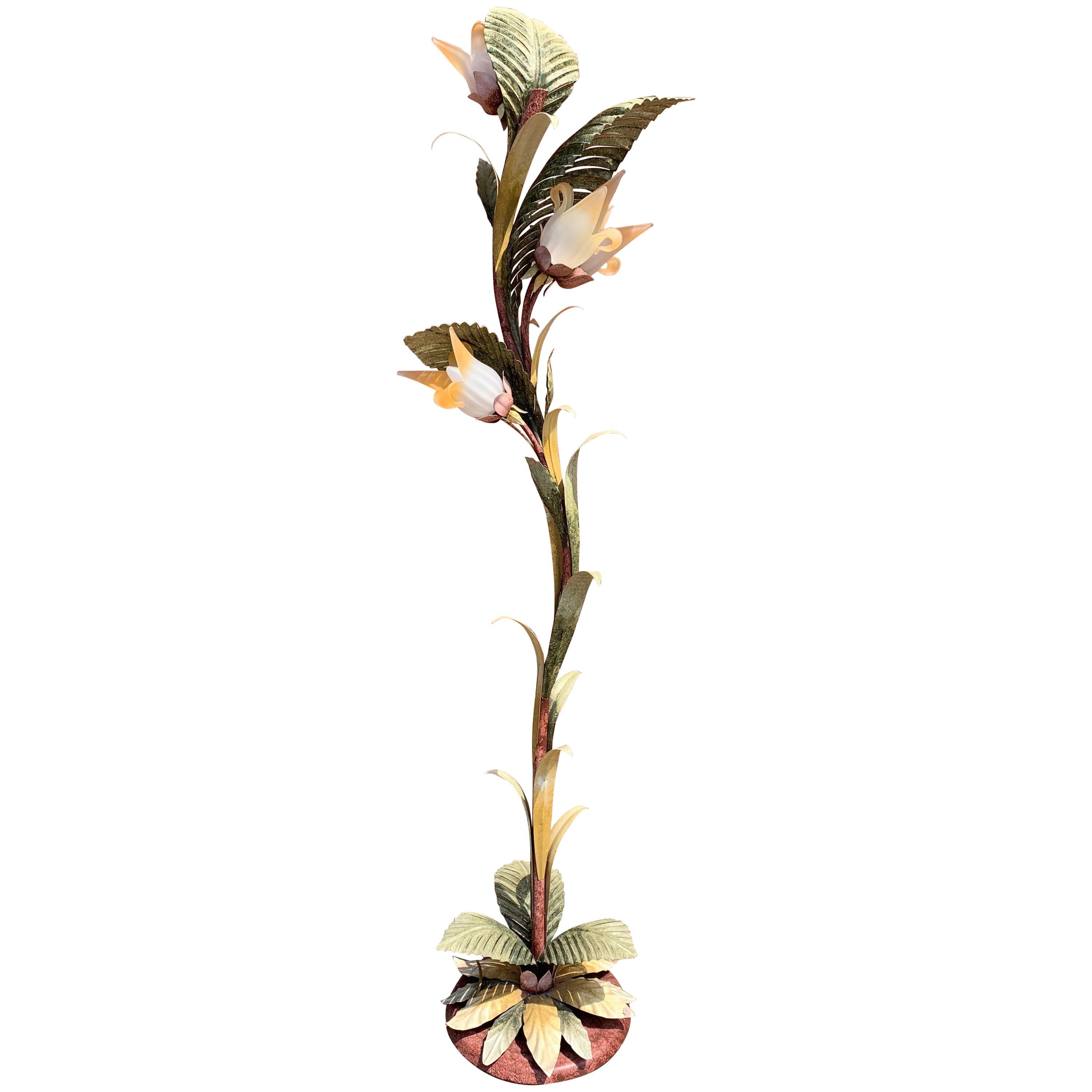 Vinyage Italian Hand Painted Metal Flower Floor Lamp with Glass Flower Shades