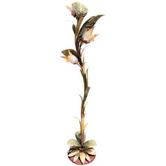 Late 20th Century Hand Painted Metal Flower Floor Lamp with Glass Flower Shades