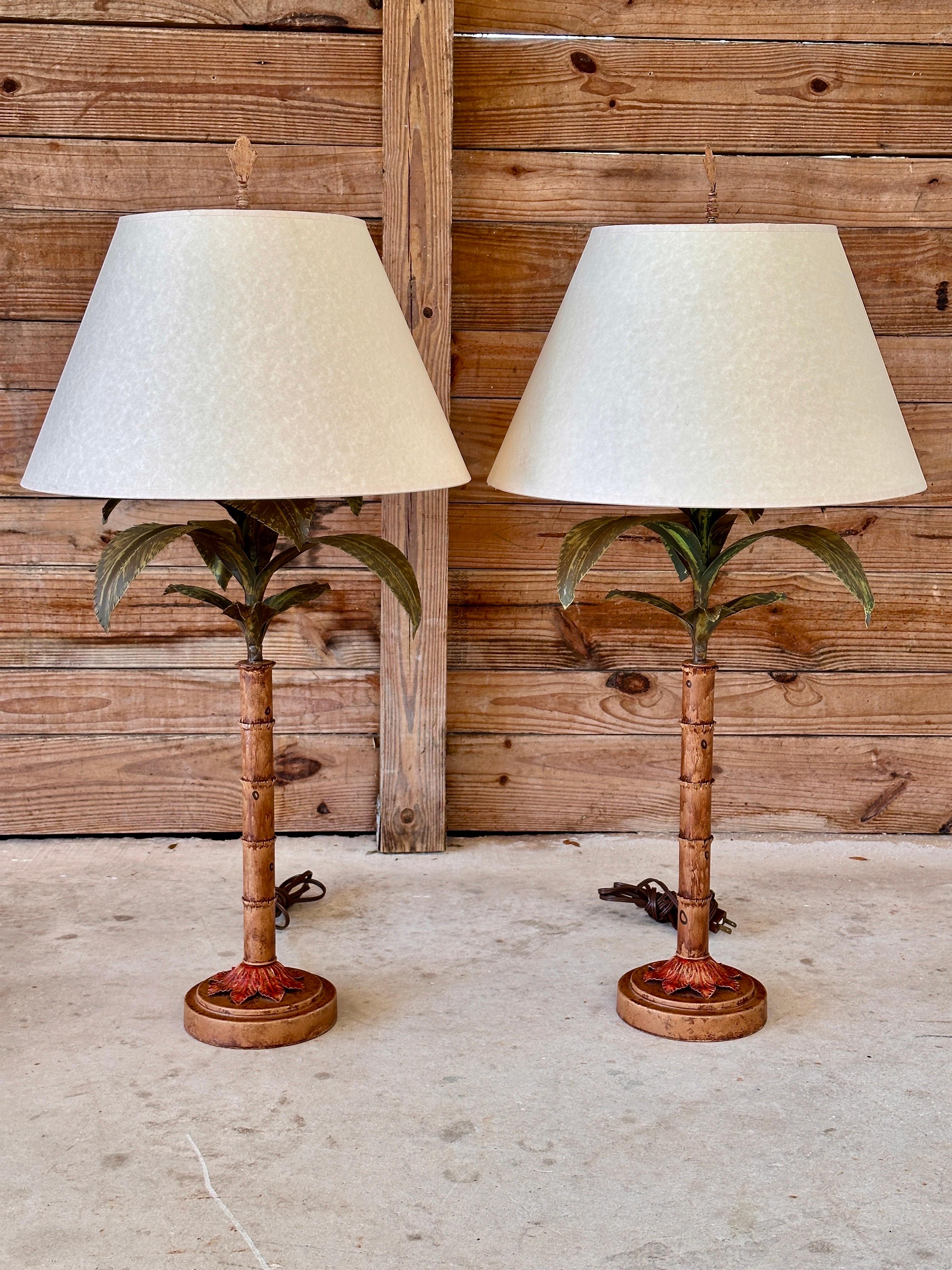 Late 20th Century Hand Painted Metal Tole Palm Tree Table Lamps-Pair For Sale 7