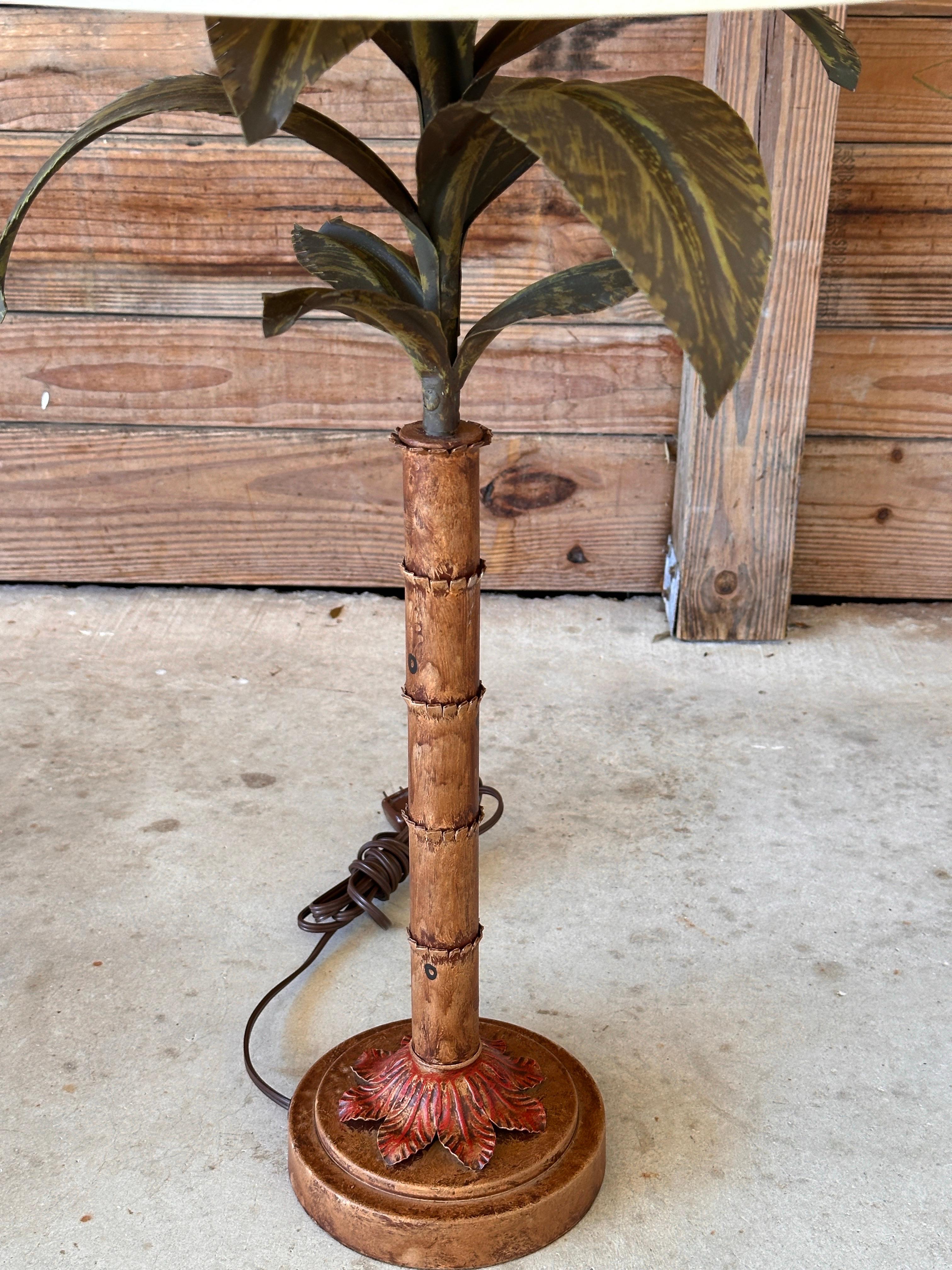 Late 20th Century Hand Painted Metal Tole Palm Tree Table Lamps-Pair In Good Condition For Sale In North Fort Myers, FL