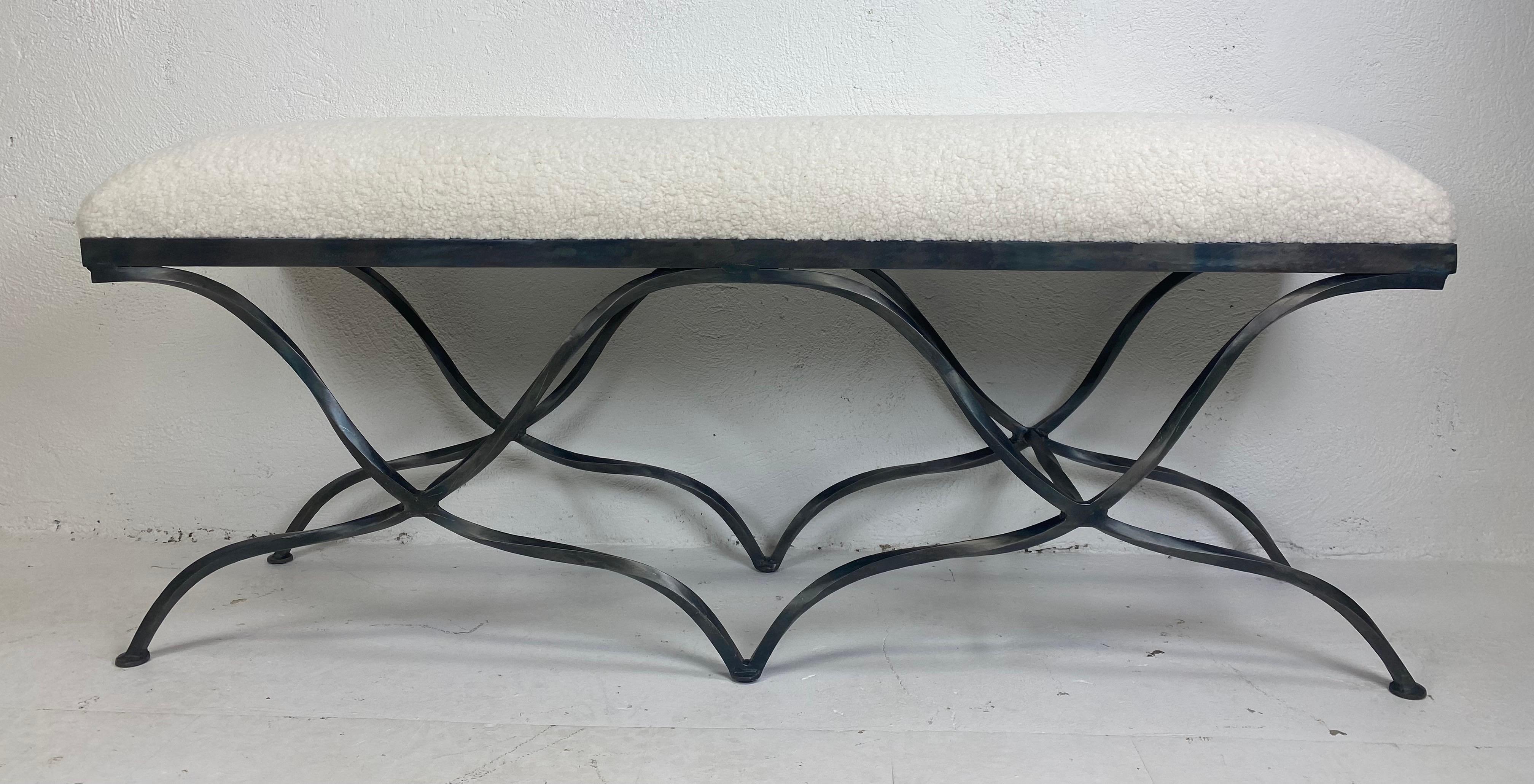 American Late 20th century hand wrought iron newly upholstered bench For Sale