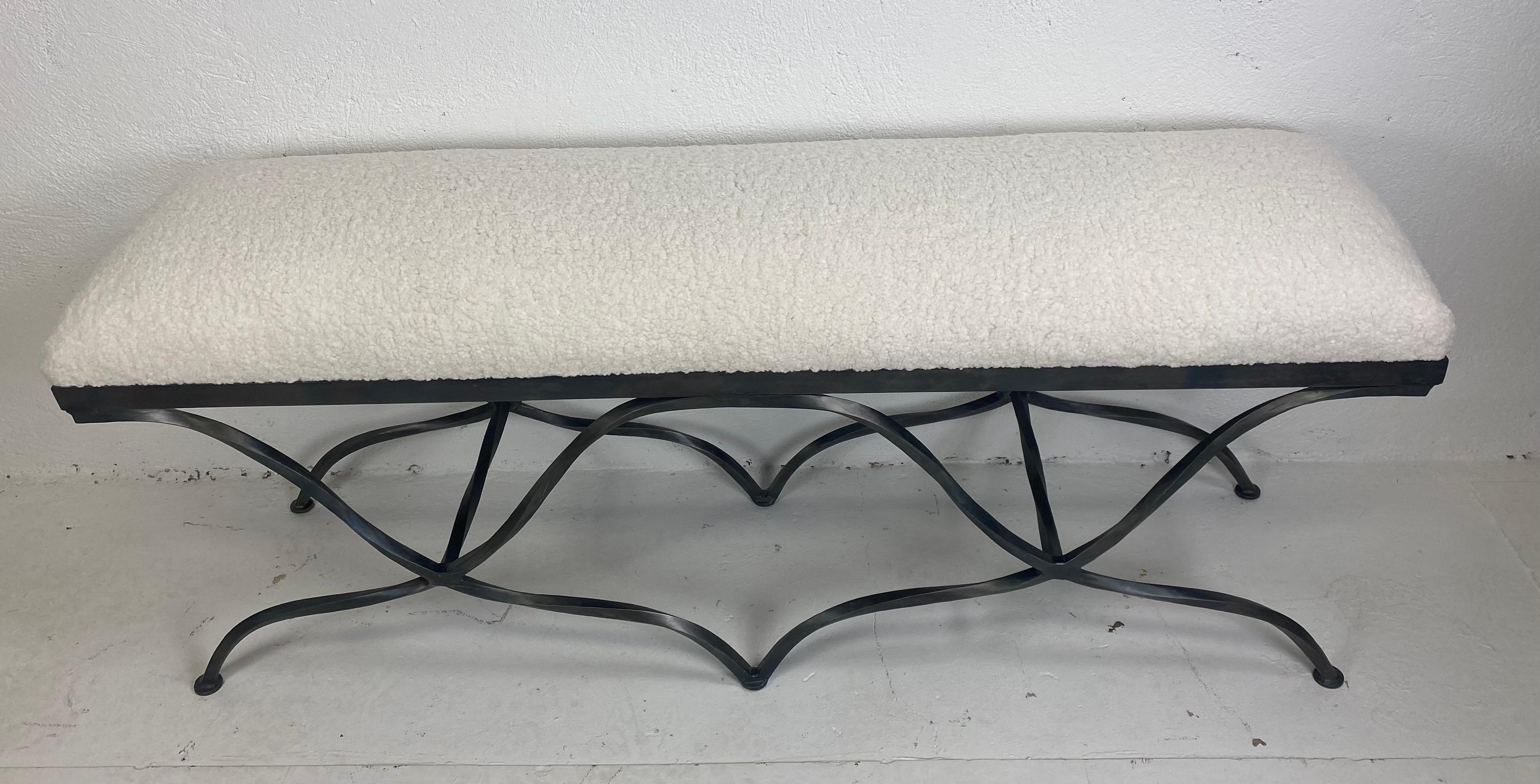 Iron Late 20th century hand wrought iron newly upholstered bench For Sale