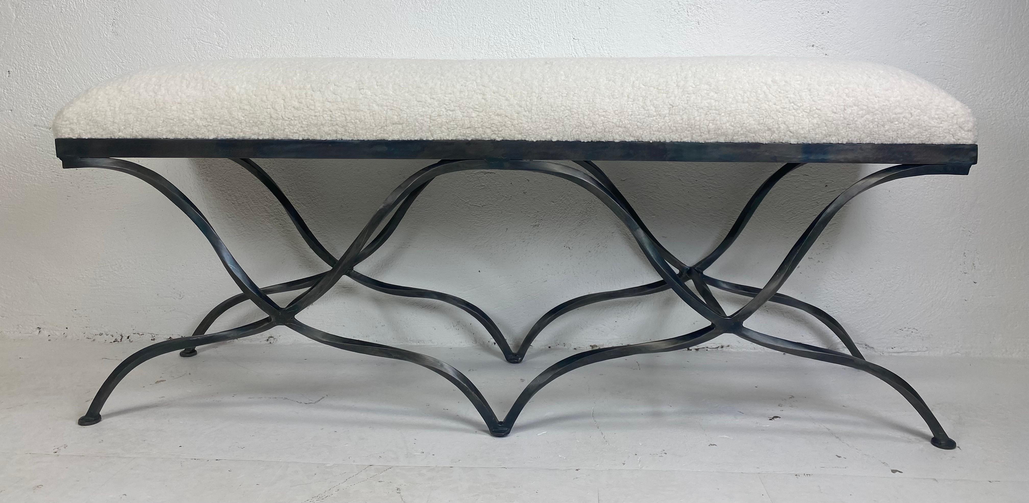 Late 20th century hand wrought iron newly upholstered bench For Sale 1